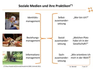 Soziale Medien und ihre Praktiken(*)


                                  Identitäts-                Selbst-          „Wer bin ich?“
                                 management               auseinander-
                                                            setzung




                                 Beziehungs-                 Sozial-         „Welchen Platz
                                 management               auseinander-       habe ich in der
                                                            setzung          Gesellschaft?“



                                Informations-                Sach-     „Wie orientiere ich
                                management                auseinander- mich in der Welt?“
                                                            setzung

(*) Paus-Hasebrink/Schmidt/Hasebrink 2009; Schmidt 2011                  St. Wendel   7 von 17
 