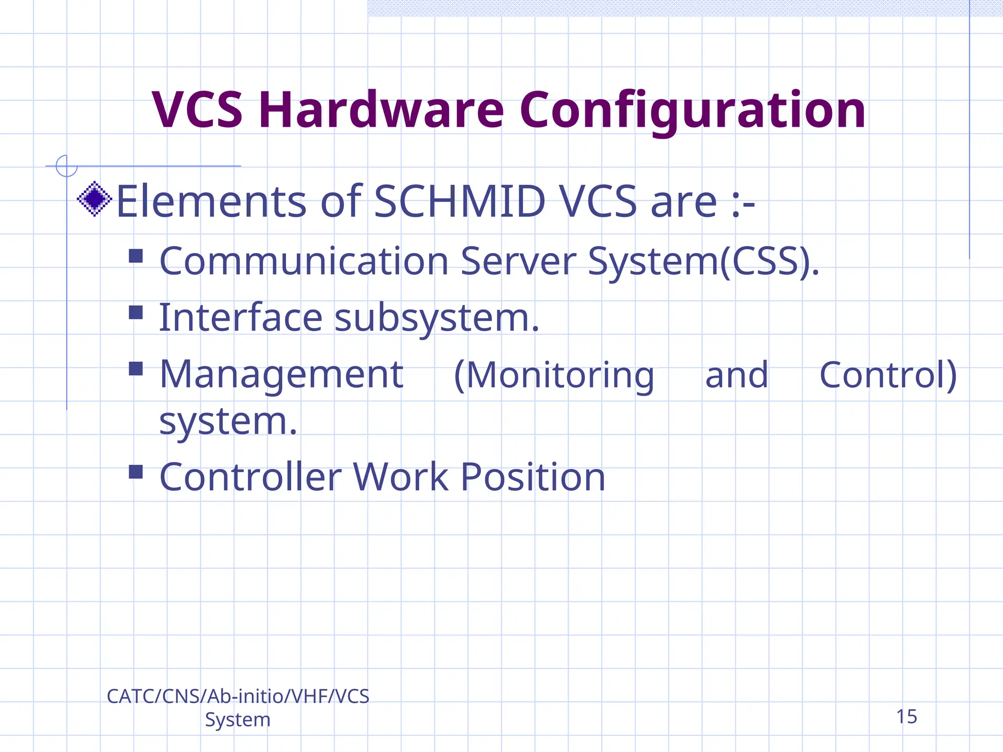 VCS Hardware Configuration
Elements of SCHMID VCS are :-
 Communication Server System(CSS).
 Interface subsystem.
 Management (Monitoring and Control)
system.
 Controller Work Position
CATC/CNS/Ab-initio/VHF/VCS
System 15
 