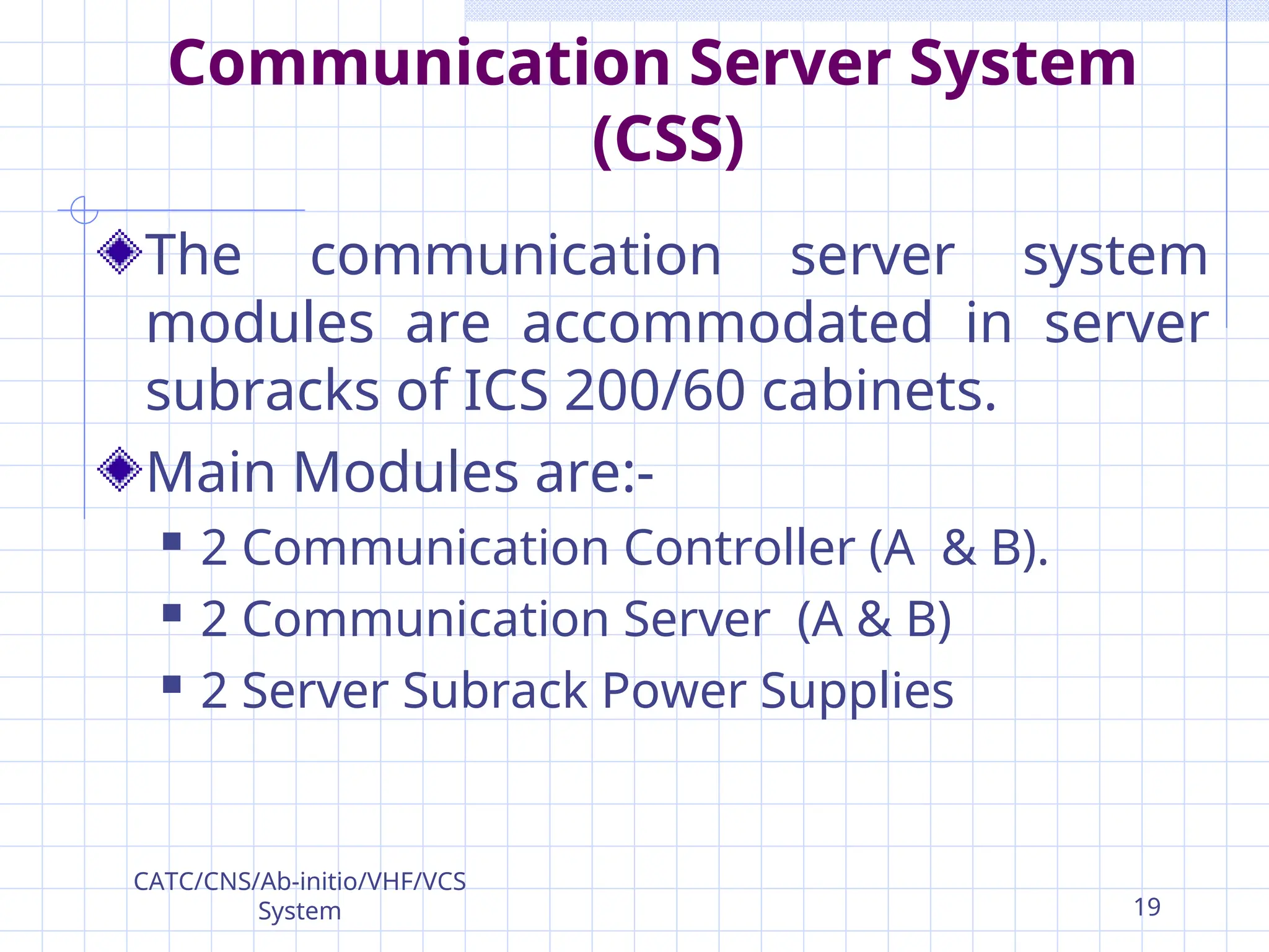 Communication Server System
(CSS)
The communication server system
modules are accommodated in server
subracks of ICS 200/60 cabinets.
Main Modules are:-
 2 Communication Controller (A & B).
 2 Communication Server (A & B)
 2 Server Subrack Power Supplies
CATC/CNS/Ab-initio/VHF/VCS
System 19
 