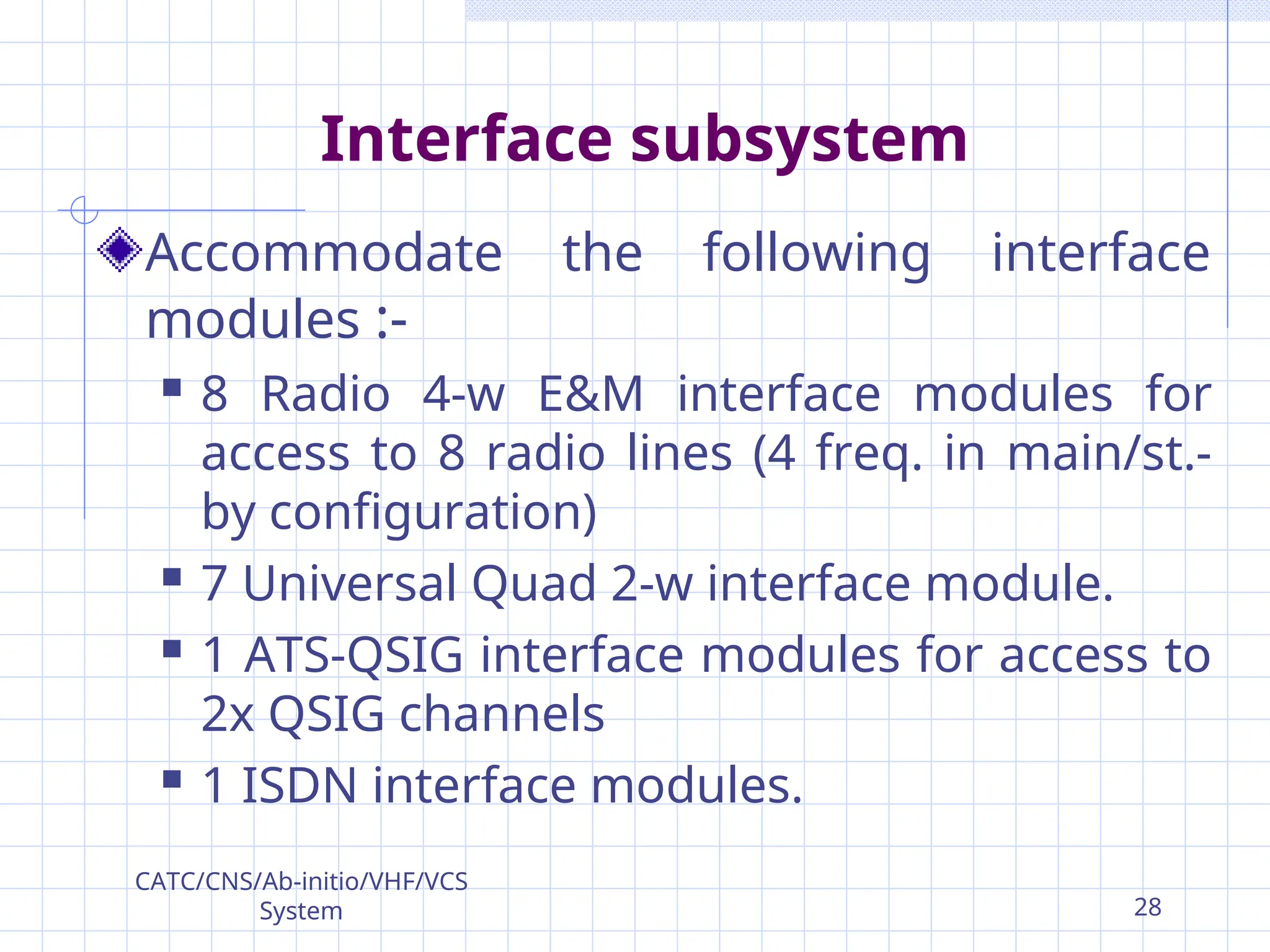 Interface subsystem
Accommodate the following interface
modules :-
 8 Radio 4-w E&M interface modules for
access to 8 radio lines (4 freq. in main/st.-
by configuration)
 7 Universal Quad 2-w interface module.
 1 ATS-QSIG interface modules for access to
2x QSIG channels
 1 ISDN interface modules.
CATC/CNS/Ab-initio/VHF/VCS
System 28
 