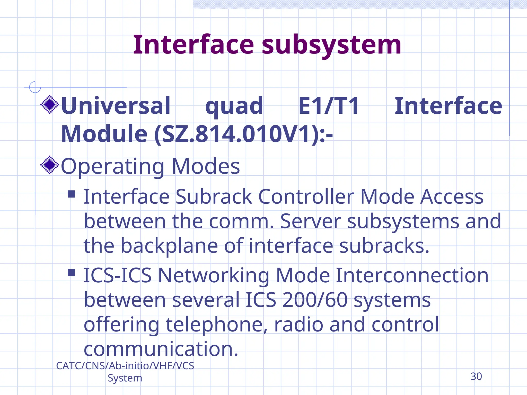 Interface subsystem
Universal quad E1/T1 Interface
Module (SZ.814.010V1):-
Operating Modes
 Interface Subrack Controller Mode Access
between the comm. Server subsystems and
the backplane of interface subracks.
 ICS-ICS Networking Mode Interconnection
between several ICS 200/60 systems
offering telephone, radio and control
communication.
CATC/CNS/Ab-initio/VHF/VCS
System 30
 