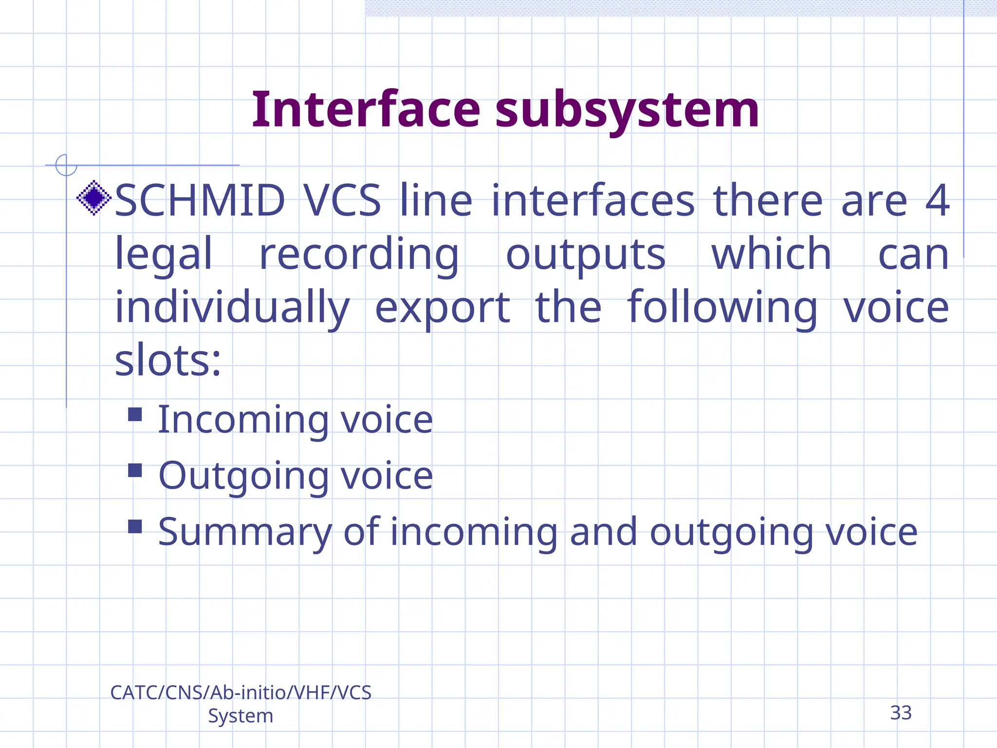 Interface subsystem
SCHMID VCS line interfaces there are 4
legal recording outputs which can
individually export the following voice
slots:
 Incoming voice
 Outgoing voice
 Summary of incoming and outgoing voice
CATC/CNS/Ab-initio/VHF/VCS
System 33
 