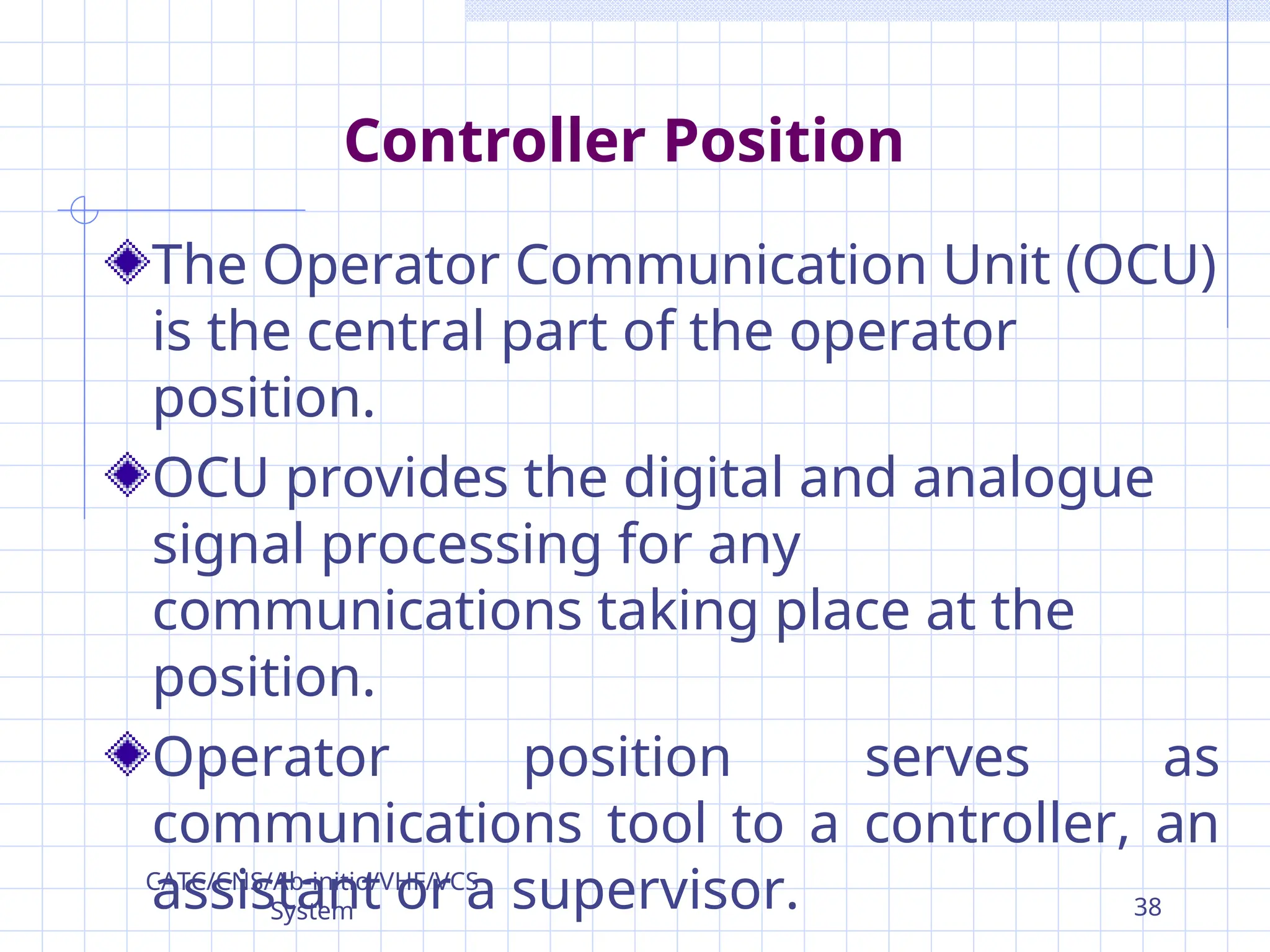 Controller Position
The Operator Communication Unit (OCU)
is the central part of the operator
position.
OCU provides the digital and analogue
signal processing for any
communications taking place at the
position.
Operator position serves as
communications tool to a controller, an
assistant or a supervisor.
CATC/CNS/Ab-initio/VHF/VCS
System 38
 