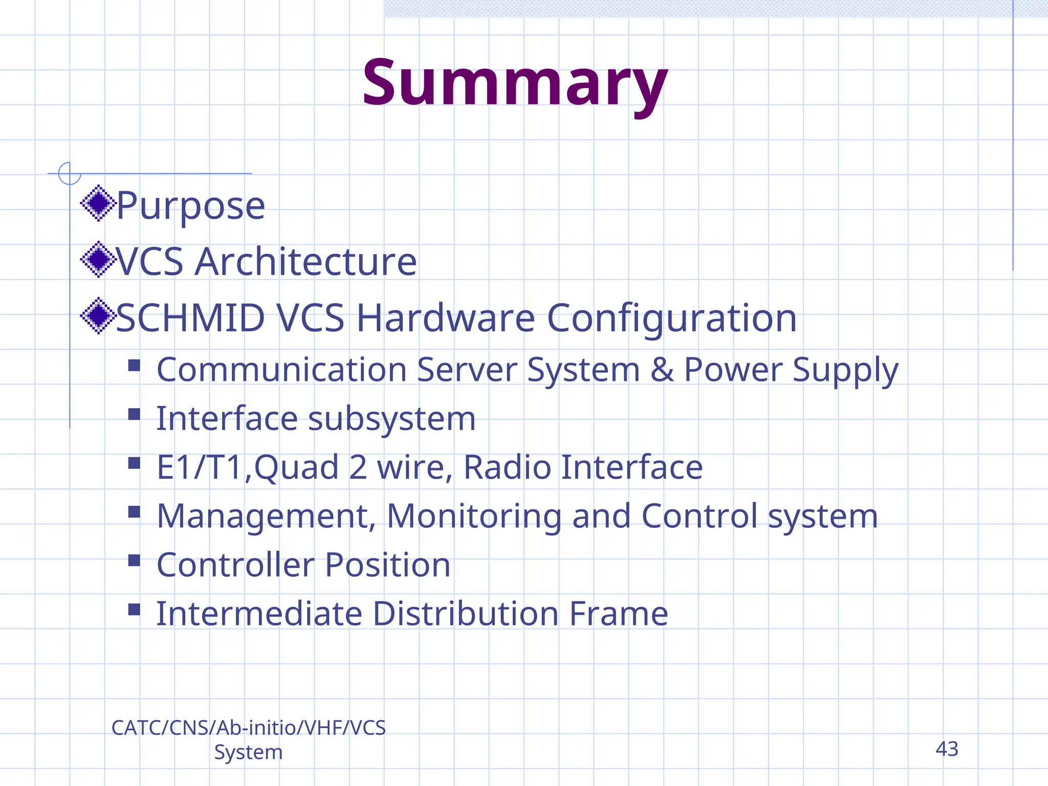 Summary
Purpose
VCS Architecture
SCHMID VCS Hardware Configuration
 Communication Server System & Power Supply
 Interface subsystem
 E1/T1,Quad 2 wire, Radio Interface
 Management, Monitoring and Control system
 Controller Position
 Intermediate Distribution Frame
CATC/CNS/Ab-initio/VHF/VCS
System 43
 