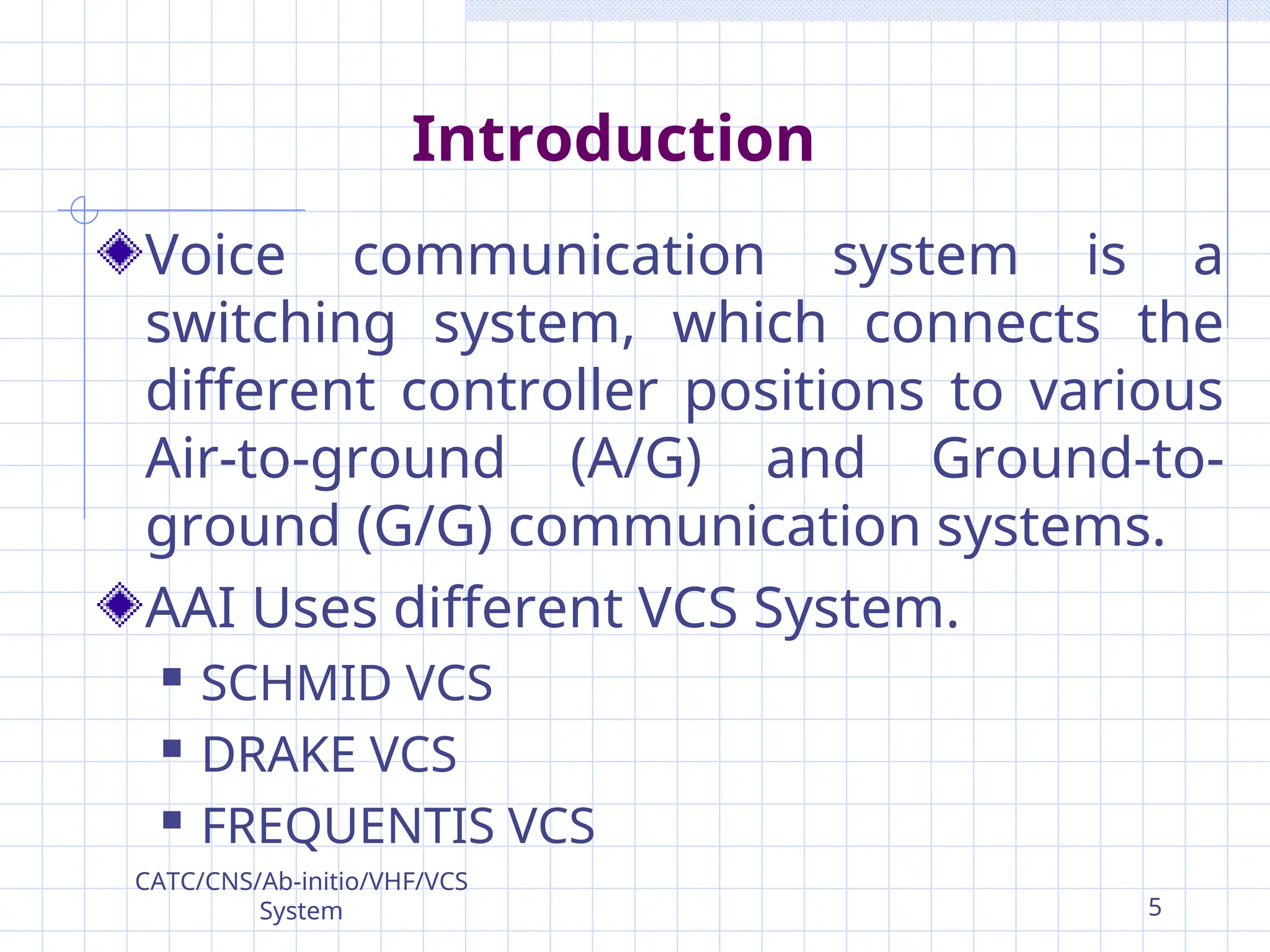 Introduction
Voice communication system is a
switching system, which connects the
different controller positions to various
Air-to-ground (A/G) and Ground-to-
ground (G/G) communication systems.
AAI Uses different VCS System.
 SCHMID VCS
 DRAKE VCS
 FREQUENTIS VCS
CATC/CNS/Ab-initio/VHF/VCS
System 5
 