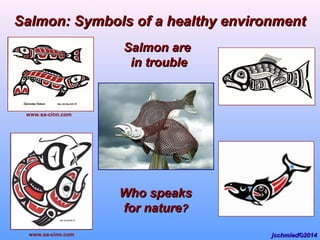 Salmon: Symbols of a healthy environmentSalmon: Symbols of a healthy environment
Who speaksWho speaks
for naturefor nature??
Salmon areSalmon are
in troublein trouble
www.sa-cinn.com
www.sa-cinn.com jschmied©2014jschmied©2014
 