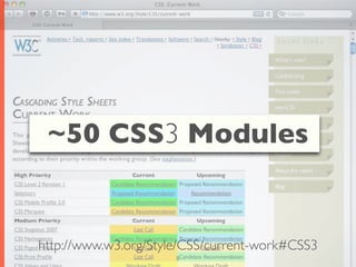 ~50 CSS3 Modules


http://www.w3.org/Style/CSS/current-work#CSS3
                      8
 