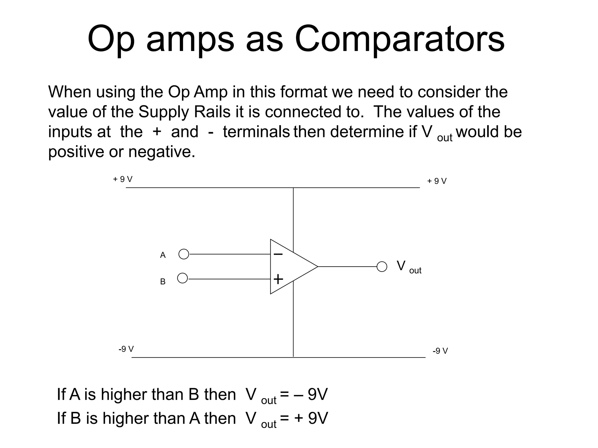 Op amps as Comparators
When using the Op Amp in this format we need to consider the
value of the Supply Rails it is connected to. The values of the
inputs at the + and - terminals then determine if V out would be
positive or negative.
If A is higher than B then V out = – 9V
If B is higher than A then V out = + 9V
-9 V
V out
-9 V
+ 9 V
+ 9 V
A
B
 