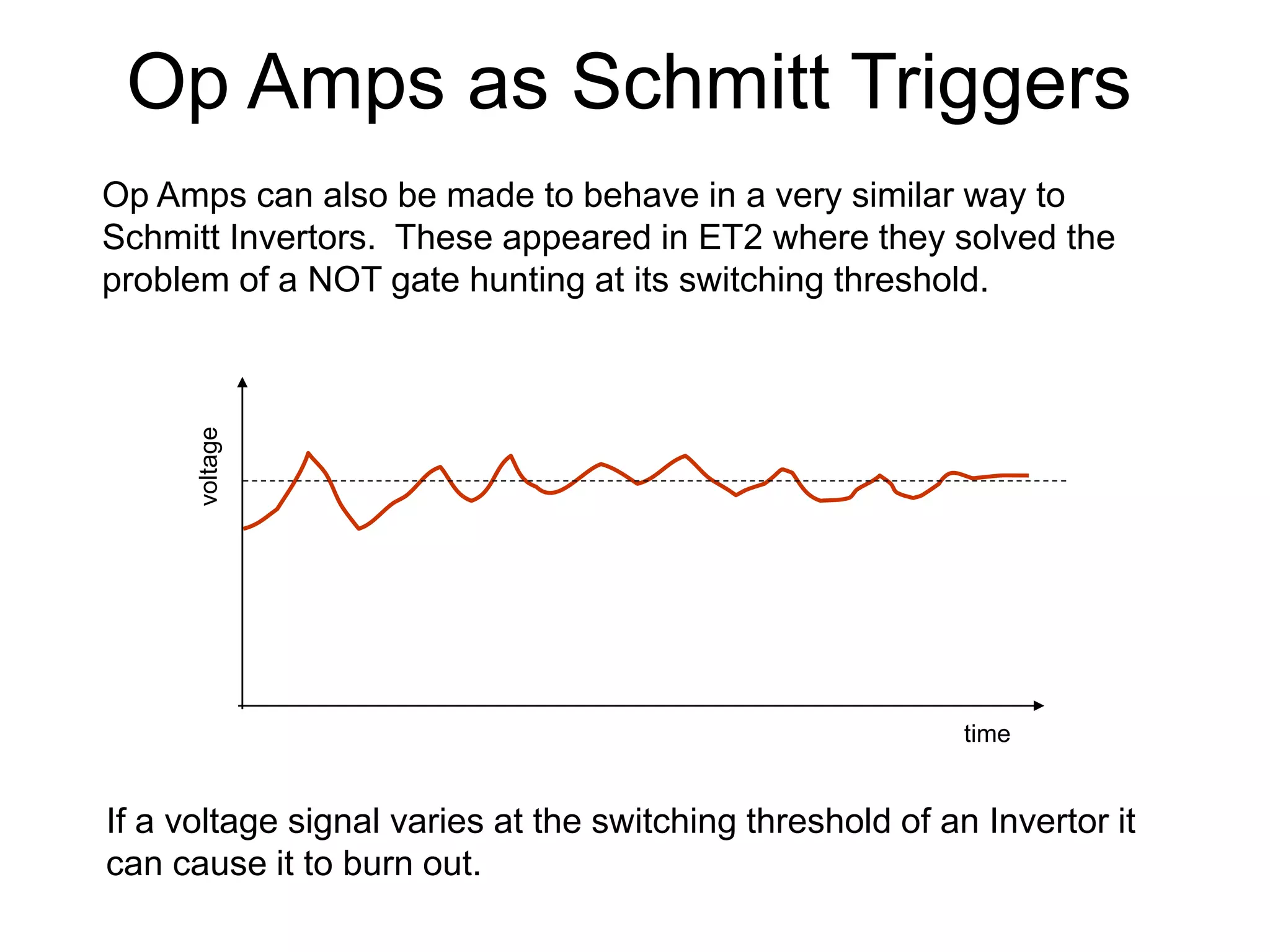 Op Amps as Schmitt Triggers
Op Amps can also be made to behave in a very similar way to
Schmitt Invertors. These appeared in ET2 where they solved the
problem of a NOT gate hunting at its switching threshold.
voltage
time
If a voltage signal varies at the switching threshold of an Invertor it
can cause it to burn out.
 