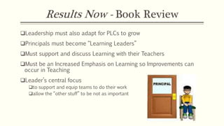 Results Now - Book Review 
Leadership must also adapt for PLCs to grow 
Principals must become “Learning Leaders” 
Must...