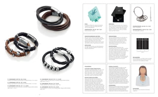 44
01
02
03
04
05
06
01 | LEDERARMBAND | BEST.-NR.: 2366 | 49,90€
Trendiges Lederarmband in Streifen Optik mit Schiebeverschluss, 21cm, schwarz
02 | LEDERARMBAND | BEST.-NR.: 2367 | 49,90€
Trendiges Lederarmband in Streifen Optik mit Schiebeverschluss, 21cm, braun
03 | LEDERARMBAND | BEST.-NR.: 2271 -1/-2 | 65,00€
2-reihig in gold-braun, sechs Elementen aus Edelstahl, Magnetschließe Edelstahl,
Länge: 20cm -1 | 22cm -2
04 | LEDERARMBAND | BEST.-NR.: 2270 -1/-2 | 65,00€
2-reihig in schwarz, sechs Elementen aus Edelstahl, Magnetschließe Edelstahl,
Länge: 20cm-1 | 22cm -2
05 | LEDERARMBAND | BEST.-NR.: 2334 | 49,90€
Armband, Edelstahl matt, Leder schwarz, Länge: 20cm
06 | LEDERARMBAND | BEST.-NR.: 2272 | 39,90€
5-reihig geflochten in schwarz, sechs Edelstahl Kugeln, Magnetschließe Edelstahl,
Länge: 20cm
RINGGRÖSSENMESSER | ART.-NR.: 941 | 9,90€
Metall, 7 Ringgrößen
VERLÄNGERUNGSKETTE | ART.-NR.: 2062 | 9,90€
925/Sterlingsilber, rhodiniert
PFLEGE
Zur optimalen Pflege Ihrer Vegas-Schmuckstücke
empfehlen wir Ihnen das Reinigungstauchbad
oder das Silberpflegetuch.
SILBERPFLEGETUCH | ART.-NR.: 2060 | 2,50€
Reinigt und poliert mühelos
VERPACKUNG
Sie ist zwar nicht entscheidend, aber Schmuck ist
immer ein Geschenk, auch dann, wenn Sie ihn für
sich selbst kaufen. Deshalb bekommen Sie jedes
Vegas-Schmuckstück in einer edlen Verpackung
geliefert. Sie sieht nicht nur schön aus, sondern
schützt auch Ihren Schmuck.
IHRE RINGGRÖSSE
Um Ihre Ringweite zu ermitteln, legen Sie einfach
einen gut passenden Ring auf dieses Lineal und
entnehmen Sie Ihre Ringröße der Tabelle.
PRODUKTBESCHREIBUNGEN UND PREISE
Alles was Sie über Vegas-Schmuckstücke wissen
möchten, finden Sie in diesem Katalog: Materialien,
Preise, Kettenlängen und Bestell-Nr. Wenn Sie
spezielle Fragen haben oder weitere Detail-
Informationen wünschen, können Sie sich natürlich
auch einfach an Ihre/n Vegas-Berater/in wenden.
NICKELALLERGIE
Alle Vegas Schmuckstücke sind nickel-allergenfrei.
Das heißt: allergische Reaktionen auf Nickel sind
generell ausgeschlossen.
SERVICELEISTUNGEN
Nach der Garantiezeit können Sie eine Reihe von
Reparaturleistungen für Vegas-Schmuckstücke
in Anspruch nehmen. Einige Reparaturen führen
wir kostenlos durch. Bitte sprechen Sie mit Ihrer
Vegas-Schmuckberaterin oder Ihrem Vegas-
Schmuckberater. Sie informieren Sie gern über
unsere Serviceleistungen.
QUALITÄTSGARANTIE
Die meisten Vegas-Kunden/innen sind
Stammkunden/innen. Und das soll auch so bleiben.
Schon allein deshalb legen wir größten Wert auf
Top-Qualität in Material, Mechanik und Verarbeitung.
Alle Vegas-Produkte durchlaufen eine strenge,
mehrstufige Qualitätskontrolle. Wir gewähren
Ihnen auf unsere Produkte eine 24-monatige
Garantie. Gewalteinwirkung, unsachgemäße
Behandlung oder Abnutzung der Rhodinierung wird
nicht von der Garantie umfasst. Ihre gesetzlichen
Gewährleistungsansprüche werden hiervon
nicht beeinflusst.
0
Milimeter
Ring Ø / mm Ringgröße
10 20 30
Größe 50
Größe 52
Größe 54
Größe 56
Größe 58
Größe 60
Größe 62
Größe 64
Größe 66
15,5mm
16,5mm
17mm
18mm
18,5mm
19mm
20mm
20,5mm
21mm
PFLEGEHINWEISE
SO PFLEGEN SIE IHREN SCHMUCK RICHTIG
Schmuck der regelmäßig getragen wird, kann nicht
aussehen wie NEU. Durch das Tragen verliert er
seinen Glanz, Steine wirken matt. Schmuck kann
lange schön bleiben, wenn er ordentlich gepflegt
wird. Je öfters Sie Ihre Schmuckstücke pflegen,
umso länger werden Sie Freude daran haben.
RICHTIGES TRAGEN VON SCHMUCK
Tragen Sie keinen Schmuck bei der Haus und
Gartenarbeit, beim Sport, unter der Dusche, beim
Sonnenbaden oder während eines Saunabesuches.
Spülwasser und Schweiß können auf Dauer die
Oberfläche beschädigen, Stöße sowie starke
Sonneneinstrahlung fügen empfindliche Materialien
irreparable Schäden an. Tragen Sie Ihren Schmuck nicht
beim Schwimmen. Durch Chlor sowie Salzwasser kann
Gold und Silberschmuck z.B. schnell die Farbe verlieren.
Schützen Sie Ihren Schmuck vor Kontakt mit Kosmetika
wie Haarlack, Puder, Parfums, Deodorants, Sonnencreme
und vermeiden Sie generell Dämpfe, Fette sowie Öle.
GENERELLE PFLEGETIPPS
Schmuck sollten Sie möglichst oft reinigen. Generell
können Sie jedes metallene Schmuckstück ohne
Steinbesatz mit mildem Seifenwasser reinigen. Reinigen
Sie dabei ein Schmuckstück nach dem anderen – nicht
mehrere gleichzeitig! Verwenden Sie für die Pflege Ihres
Schmuckstückes auf keinen Fall scharfe Reinigungs- oder
Lösungsmittel. Auch Zahnpasta und Gebissreiniger sind in
der Regel ungeeignet. Ein warmes Seifenbad mit Zusatz von
ein paar tropfen Geschirrspülmittel ist absolut ausreichend.
Perlenschmuck darf grundsätzlich nicht feucht gebadet
werden. Bitte reiben Sie ihn nur mit einem feuchten
Ledertuch ab. Angelaufene Silber Schmuckstücke können
mit einem Silberreinigungstuch gesäubert werden. Diese
sind mit speziellen, reinigenden Substanzen und Poliermittel
imprägniert und garantieren eine schonende Reinigung.
AUFBEWAHRUNG
Idealerweise bewahren Sie Ihren Schmuck in einer speziellen
Schmuckschatulle auf. Am besten mit vielen Unterteilungen.
Für Ringe sollte eine Steckvorrichtung vorhanden sein.
Einzelnen Schmuckstücke sind voneinander getrennt
aufzubewahren damit sie sich nicht gegenseitig verkratzen.
KETTENLÄNGEN
Hier können Sie die gewünschte Kettenlänge
vergleichen.
40cm
45cm
50cm
55cm
70cm
80cm
 