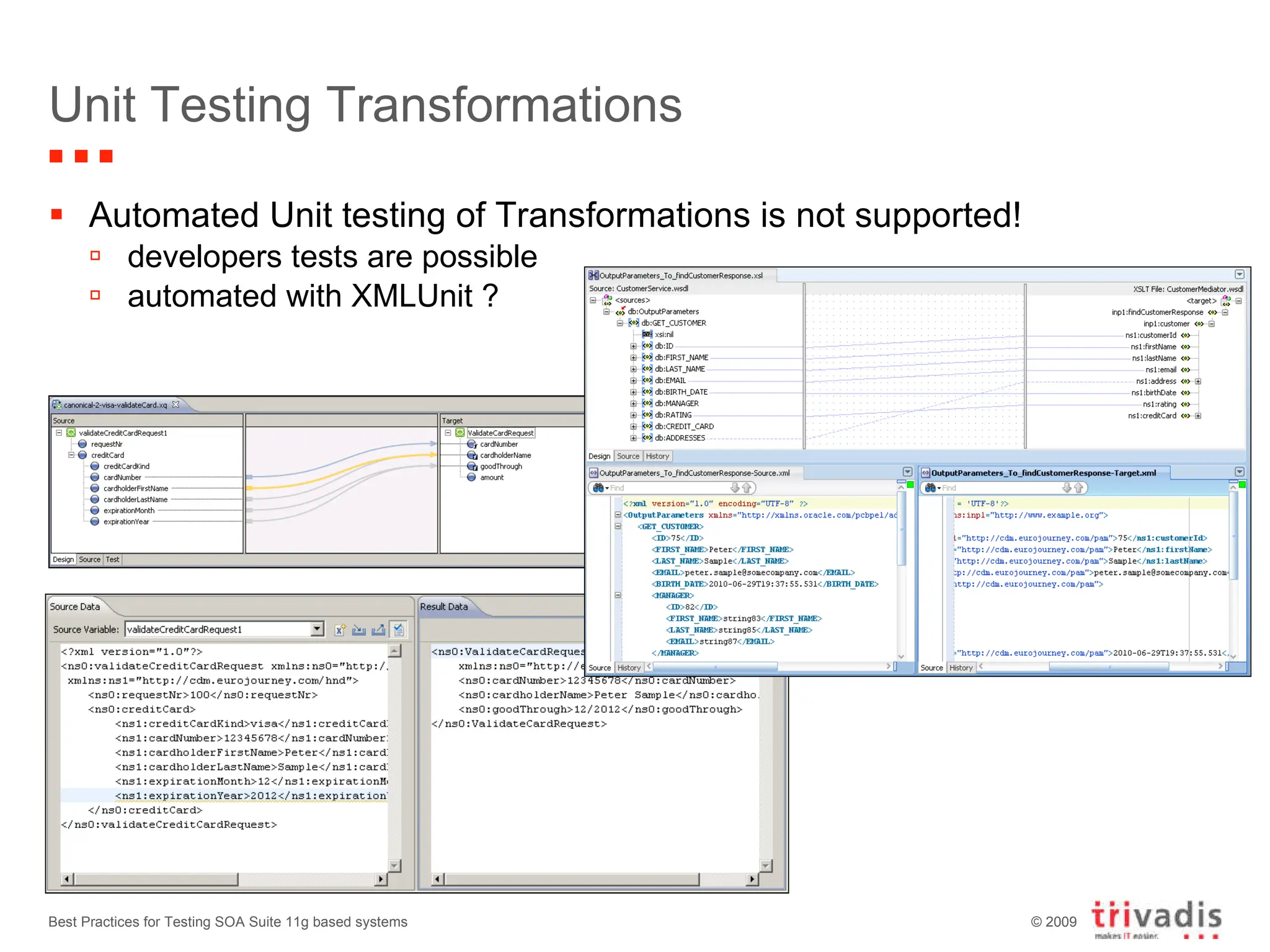 Unit Testing Transformations Automated Unit testing of Transformations is not supported! developers tests are possible automated with XMLUnit ? Best Practices for Testing SOA Suite 11g based systems 