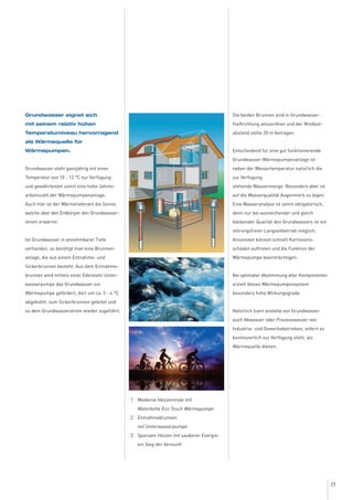 15
Grundwasser eignet sich
mit seinem relativ hohen
Temperaturniveau hervorragend
als Wärmequelle für
Wärmepumpen.
Grundwasser steht ganzjährig mit einer
Temperatur von 10 - 12 °C zur Verfügung
und gewährleistet somit eine hohe Jahres-
arbeitszahl der Wärmepumpenanlage.
Auch hier ist der Wärmelieferant die Sonne,
welche über den Erdkörper den Grundwasser-
strom erwärmt.
Ist Grundwasser in annehmbarer Tiefe
vorhanden, so benötigt man eine Brunnen-
anlage, die aus einem Entnahme- und
Sickerbrunnen besteht. Aus dem Entnahme-
brunnen wird mittels einer Edelstahl-Unter-
wasserpumpe das Grundwasser zur
Wärmepumpe gefördert, dort um ca. 3 - 4 °C
abgekühlt, zum Sickerbrunnen geleitet und
so dem Grundwasserstrom wieder zugeführt.
Die beiden Brunnen sind in Grundwasser-
fließrichtung anzuordnen und der Mindest-
abstand sollte 20 m betragen.
Entscheidend für eine gut funktionierende
Grundwasser-Wärmepumpenanlage ist
neben der Wassertemperatur natürlich die
zur Verfügung
stehende Wassermenge. Besonders aber ist
auf die Wasserqualität Augenmerk zu legen.
Eine Wasseranalyse ist somit obligatorisch,
denn nur bei ausreichender und gleich
bleibender Qualität des Grundwassers ist ein
störungsfreier Langzeitbetrieb möglich.
Ansonsten können schnell Korrosions-
schäden auftreten und die Funktion der
Wärmepumpe beeinträchtigen.
Bei optimaler Abstimmung aller Komponenten
erzielt dieses Wärmepumpensystem
besonders hohe Wirkungsgrade.
Natürlich kann anstelle von Grundwasser
auch Abwasser oder Prozesswasser von
Industrie- und Gewerbebetrieben, sofern es
kontinuierlich zur Verfügung steht, als
Wärmequelle dienen.
Moderne Heizzentrale mit
Waterkotte Eco Touch Wärmepumpe
Entnahmebrunnen
mit Unterwasserpumpe
Sparsam Heizen mit sauberer Energie:
ein Sieg der Vernunft
1
2
3
 