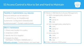 S3 Access Control is Nice to Set and Hard to Maintain
• Policies in IAM (Identity & Access Management)
• AWS-managed policy attached to
a user,
a group or
a role
• Self-managed policy attached to
a user,
a group or
a role
• Inline policy for
a user,
a group, or
a role
„Policy“ attribute of S3 bucket
Flexibility in implementation, e.g. resource: 

Resource attribute can be tailored to:
* = whole S3 (e.g. for CreateBucket)
bucketname: Configuration (DeleteBucket)
bucketname/path/*: Content inside buckets
Eﬀort in maintenance

1. Check every location for a policy
2. Understand JSON
3. Identify that S3 is targeted
4. Evaluate the effect 
(GetObject, PutObject, DeleteBucket,..)
IAM policy simulator, Trusted Advisor: not much help
 