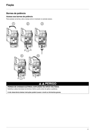 21
Fiação
Bornes de potência
Acesso aos bornes de potência
Para acessar os bornes, abra a tampa como é mostrado no exemplo abaixo.
PERIGO
PERIGO DE CHOQUE ELÉTRICO, EXPLOSÃO OU ARCO VOLTAICO.
Substitua a placa da tampa nos bornes e feche a porta antes de aplicar a potência.
A não observância destas instruções poderá causar a morte ou ferimentos graves.
ATV312-Instalacao_Port_004-032_09Fev.fm Page 21 Thursday, February 10, 2011 4:19 PM
 