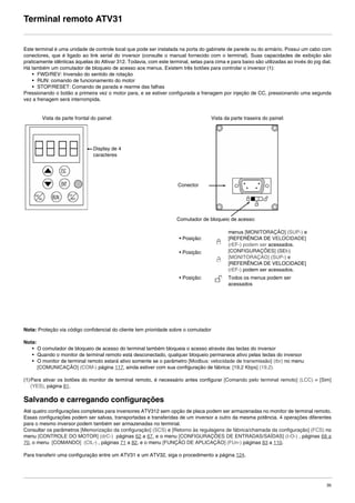 35
Terminal remoto ATV31
Este terminal é uma unidade de controle local que pode ser instalada na porta do gabinete de parede ou do armário. Possui um cabo com
conectores, que é ligado ao link serial do inversor (consulte o manual fornecido com o terminal). Suas capacidades de exibição são
praticamente idênticas àquelas do Altivar 312. Todavia, com este terminal, setas para cima e para baixo são utilizadas ao invés do jog dial.
Há também um comutador de bloqueio de acesso aos menus. Existem três botões para controlar o inversor (1):
• FWD/REV: Inversão do sentido de rotação
• RUN: comando de funcionamento do motor
• STOP/RESET: Comando de parada e rearme das falhas
Pressionando o botão a primeira vez o motor para, e se estiver configurada a frenagem por injeção de CC, pressionando uma segunda
vez a frenagem será interrompida.
Vista da parte frontal do painel: Vista da parte traseira do painel:
Nota: Proteção via código confidencial do cliente tem prioridade sobre o comutador
Nota:
• O comutador de bloqueio de acesso do terminal também bloqueia o acesso através das teclas do inversor
• Quando o monitor de terminal remoto está desconectado, qualquer bloqueio permanece ativo pelas teclas do inversor
• O monitor de terminal remoto estará ativo somente se o parâmetro [Modbus: velocidade de transmissão] (tbr) no menu
[COMUNICAÇÃO] (COM-) página 117, ainda estiver com sua configuração de fábrica: [19,2 Kbps] (19,2).
(1)Para ativar os botões do monitor de terminal remoto, é necessário antes configurar [Comando pelo terminal remoto] (LCC) = [Sim]
(YES), página 81.
Salvando e carregando configurações
Até quatro configurações completas para inversores ATV312 sem opção de placa podem ser armazenadas no monitor de terminal remoto.
Essas configurações podem ser salvas, transportadas e transferidas de um inversor a outro da mesma potência. 4 operações diferentes
para o mesmo inversor podem também ser armazenadas no terminal.
Consultar os parâmetros [Memorização da configuração] (SCS) e [Retorno às regulagens de fábrica/chamada da configuração] (FCS) no
menu [CONTROLE DO MOTOR] (drC-) páginas 62 a 67, e o menu [CONFIGURAÇÕES DE ENTRADAS/SAÍDAS] (I-O-) , páginas 68 a
70, o menu [COMANDO] (CtL-) , páginas 71 a 82, e o menu [FUNÇÃO DE APLICAÇÃO] (FUn-) páginas 83 a 110.
Para transferir uma configuração entre um ATV31 e um ATV32, siga o procedimento a página 124.
Display de 4
caracteres
Conector
Comutador de bloqueio de acesso:
• Posição:
menus [MONITORAÇÃO] (SUP-) e
[REFERÊNCIA DE VELOCIDADE]
(rEF-) podem ser acessados.
[CONFIGURAÇÕES] (SEt-)
[MONITORAÇÃO] (SUP-) e
[REFERÊNCIA DE VELOCIDADE]
(rEF-) podem ser acessados.
• Posição:
• Posição: Todos os menus podem ser
acessados
ATV312-Programacao_Port-09Fev_2011.fm Page 35 Thursday, February 10, 2011 4:23 PM
 