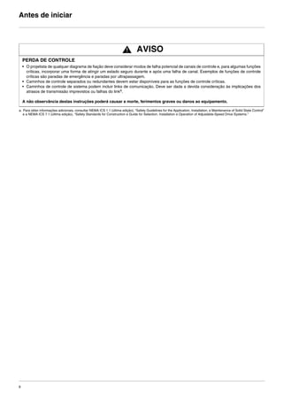 6
Antes de iniciar
AVISO
PERDA DE CONTROLE
• O projetista de qualquer diagrama de fiação deve considerar modos de falha potencial de canais de controle e, para algumas funções
críticas, incorporar uma forma de atingir um estado seguro durante e após uma falha de canal. Exemplos de funções de controle
críticas são paradas de emergência e paradas por ultrapassagem.
• Caminhos de controle separados ou redundantes devem estar disponíveis para as funções de controle críticas.
• Caminhos de controle de sistema podem incluir links de comunicação. Deve ser dada a devida consideração às implicações dos
atrasos de transmissão imprevistos ou falhas do linka.
A não observância destas instruções poderá causar a morte, ferimentos graves ou danos ao equipamento.
a. Para obter informações adicionais, consultar NEMA ICS 1.1 (última edição), “Safety Guidelines for the Application, Installation, e Maintenance of Solid State Control”
e a NEMA ICS 7.1 (última edição), “Safety Standards for Construction e Guide for Selection, Installation e Operation of Adjustable-Speed Drive Systems.”
ATV312-Instalacao_Port_004-032_09Fev.fm Page 6 Thursday, February 10, 2011 4:19 PM
 