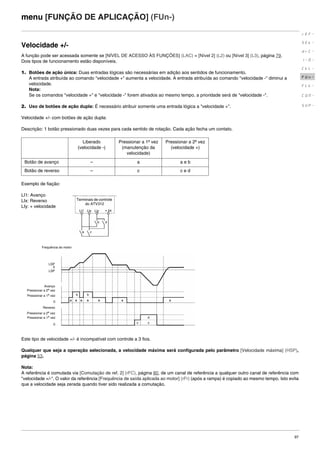 97
menu [FUNÇÃO DE APLICAÇÃO] (FUn-)
Velocidade +/-
A função pode ser acessada somente se [NÍVEL DE ACESSO ÀS FUNÇÕES] (LAC) = [Nível 2] (L2) ou [Nível 3] (L3), página 79.
Dois tipos de funcionamento estão disponíveis.
1. Botões de ação única: Duas entradas lógicas são necessárias em adição aos sentidos de funcionamento.
A entrada atribuída ao comando "velocidade +" aumenta a velocidade. A entrada atribuída ao comando "velocidade -" diminui a
velocidade.
Nota:
Se os comandos "velocidade +" e "velocidade -" forem ativados ao mesmo tempo, a prioridade será de "velocidade -".
2. Uso de botões de ação dupla: É necessário atribuir somente uma entrada lógica a "velocidade +".
Velocidade +/- com botões de ação dupla:
Descrição: 1 botão pressionado duas vezes para cada sentido de rotação. Cada ação fecha um contato.
Exemplo de fiação:
LI1: Avanço
LIx: Reverso
LIy: + velocidade
Este tipo de velocidade +/- é incompatível com controle a 3 fios.
Qualquer que seja a operação selecionada, a velocidade máxima será configurada pelo parâmetro [Velocidade máxima] (HSP),
página 53.
Nota:
A referência é comutada via [Comutação de ref. 2] (rFC), página 80, de um canal de referência a qualquer outro canal de referência com
"velocidade +/-". O valor da referência [Frequência de saída aplicada ao motor] (rFr) (após a rampa) é copiado ao mesmo tempo. Isto evita
que a velocidade seja zerada quando tiver sido realizada a comutação.
Liberado
(velocidade -)
Pressionar a 1ª vez
(manutenção da
velocidade)
Pressionar a 2ª vez
(velocidade +)
Botão de avanço – a a e b
Botão de reverso – c c e d
rEF-
SEt-
drC-
I-0-
CtL-
FUn-
FLt-
CON-
SUP-
Terminais de controle
do ATV312
Frequência do motor
LSP
Avanço
0
Pressionar a 2a
vez
Pressionar a 1a vez
Reverso
0
Pressionar a 2a
vez
Pressionar a 1a
vez
0
LSP
ATV312-Programacao_Port-09Fev_2011.fm Page 97 Thursday, February 10, 2011 4:23 PM
 