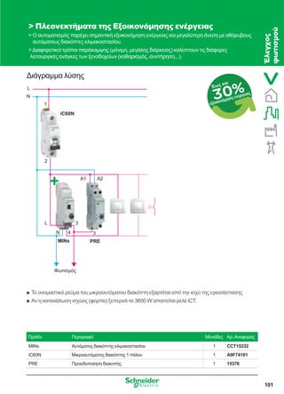 101
30%Έως και
εξοικονόμηση ενέργειας
Διάγραμμα λύσης
 Πλεονεκτήματα της Εξοικονόμησης ενέργειας
 Ο αυτοματισμός παρέχει σημαντική εξοικονόμηση ενέργειας και μεγαλύτερη άνεση με αθόρυβους
αυτόματους διακόπτες κλιμακοστασίου.
Διαφορετικοί τρόποι παράκαμψης (μόνιμη, μεγάλης διάρκειας) καλύπτουν τις διάφορες
λειτουργικές ανάγκες των ξενοδοχείων (καθαρισμός, συντήρηση...).
Προϊόν Περιγραφή Μονάδες Αρ.Αναφοράς
MINs Αυτόματος διακόπτης κλιμακοστασίου 1 CCT15232
iC60N Μικροαυτόματος διακόπτης 1 πόλου 1 A9F74101
PRE Προειδοποίηση διακοπής 1 15376
iC60N
A1
L
A2
3
3
N
L
N
MINs PRE
1
2
4
Φωτισ όσ Έλεγχος
φωτισμού
Το ονομαστικό ρεύμα του μικροαυτόματου διακόπτη εξαρτάται από την ισχύ της εγκατάστασηςQQ
Αν η κατανάλωση ισχύος (φορτία) ξεπερνά τα 3600 W απαιτείται ρελέ iCT.QQ
 