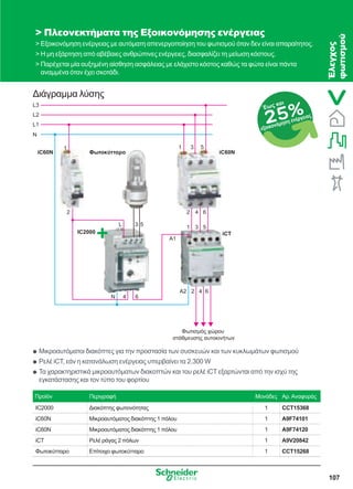 107
Μικροαυτόματοι διακόπτες για την προστασία των συσκευών και των κυκλωμάτων φωτισμούQQ
Ρελέ iCT, εάν η κατανάλωση ενέργειας υπερβαίνει τα 2.300 WQQ
Τα χαρακτηριστικά μικροαυτόματων διακοπτών και του ρελέ iCT εξαρτώνται από την ισχύ τηςQQ
εγκατάστασης και τον τύπο του φορτίου
Διάγραμμα λύσης
 Πλεονεκτήματα της Εξοικονόμησης ενέργειας
 Εξοικονόμηση ενέργειας με αυτόματη απενεργοποίηση του φωτισμού όταν δεν είναι απαραίτητος.
 Η μη εξάρτηση από αβέβαιες ανθρώπινες ενέργειες, διασφαλίζει τη μείωση κόστους.
 Παρέχεται μία αυξημένη αίσθηση ασφάλειας με ελάχιστο κόστος καθώς τα φώτα είναι πάντα
αναμμένα όταν έχει σκοτάδι.
Προϊόν Περιγραφή Μονάδες Αρ.Αναφοράς
IC2000 Διακόπτης φωτεινότητας 1 CCT15368
iC60N Μικροαυτόματος διακόπτης 1 πόλου 1 A9F74101
iC60N Μικροαυτόματος διακόπτης 1 πόλου 1 A9F74120
iCT Ρελέ ράγας 2 πόλων 1 A9V20842
Φωτοκύτταρο Επίτοιχο φωτοκύτταρο 1 CCT15268
3L 5
4N 6
42A2
A1
6
iC60N
L3
1 3 5
1 3 5
22 4 6
1
L2
L1
N
iC60N
IC2000 iCT
Φωτοκύτταρο
Φωτισ όσ χώρου
στάθ ευσησ αυτοκινήτων
25%Έως και
εξοικονόμηση ενέργειας
Έλεγχος
φωτισμού
 