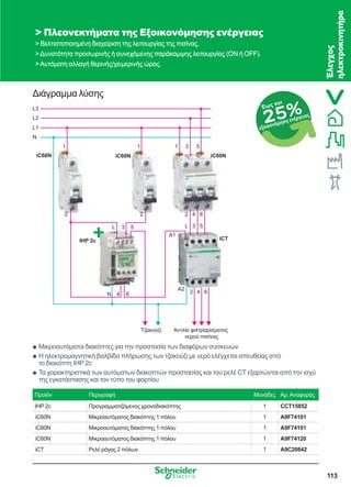 113
Μικροαυτόματοι διακόπτες για την προστασία των διαφόρων συσκευώνQQ
Η ηλεκτρομαγνητική βαλβίδα πλήρωσης των τζακούζι με νερό ελέγχεται απευθείας απόQQ
το διακόπτη IHP 2c
Τα χαρακτηριστικά των αυτόματων διακοπτών προστασίας και του ρελέ CT εξαρτώνται από την ισχύQQ
της εγκατάστασης και τον τύπο του φορτίου
Διάγραμμα λύσης
 Πλεονεκτήματα της Εξοικονόμησης ενέργειας
 Βελτιστοποιημένη διαχείριση της λειτουργίας της πισίνας.
Δυνατότητα προσωρινής ή συνεχόμενης παράκαμψης λειτουργίας (ON ή OFF).
Αυτόματη αλλαγή θερινής/χειμερινής ώρας.
Προϊόν Περιγραφή Μονάδες Αρ.Αναφοράς
IHP 2c Προγραμματιζόμενος χρονοδιακόπτης 1 CCT15852
iC60N Μικροαυτόματος διακόπτης 1 πόλου 1 A9F74101
iC60N Μικροαυτόματος διακόπτης 1 πόλου 1 A9F74101
iC60N Μικροαυτόματος διακόπτης 1 πόλου 1 A9F74120
iCT Ρελέ ράγας 2 πόλων 1 A9C20842
IHP 2c
iC60N
L3
11 1 3 5
222
N 4 6
L 3 5
A2
2 64
L 3 5
4 6
L2
L1
N
iC60N iC60N
A1
iCT
Τζακούζι Αντλία φιλτραρίσ ατοσ
νερού πισίνασ
25%Έως και
εξοικονόμηση ενέργειας
Έλεγχος
ηλεκτροκινητήρα
 Πλεονεκτήματα της Εξοικονόμησης ενέργειας
 Βελτιστοποιημένη διαχείριση της λειτουργίας της πισίνας.
Δυνατότητα προσωρινής ή συνεχόμενης παράκαμψης λειτουργίας (ON ή OFF).
Αυτόματη αλλαγή θερινής/χειμερινής ώρας.
25%Έως και
εξοικονόμηση ενέργειας
 Πλεονεκτήματα της Εξοικονόμησης ενέργειας
 Βελτιστοποιημένη διαχείριση της λειτουργίας της πισίνας.
Δυνατότητα προσωρινής ή συνεχόμενης παράκαμψης λειτουργίας (ON ή OFF).
Αυτόματη αλλαγή θερινής/χειμερινής ώρας.
25%Έως και
εξοικονόμηση ενέργειας
 