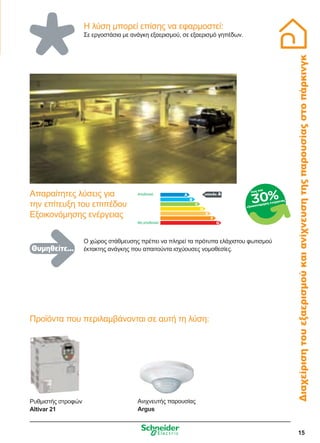 15
Η λύση μπορεί επίσης να εφαρμοστεί:
Σε εργοστάσια με ανάγκη εξαερισμού, σε εξαερισμό γηπέδων.
Διαχείρισητουεξαερισμούκαιανίχνευσητηςπαρουσίαςστοπάρκινγκ
Προϊόντα που περιλαμβάνονται σε αυτή τη λύση:
Ανιχνευτής παρουσίας
Argus
Ρυθμιστής στροφών
Altivar 21
Ο χώρος στάθμευσης πρέπει να πληρεί τα πρότυπα ελάχιστου φωτισμού
έκτακτης ανάγκης που απαιτούντα ισχύουσες νομοθεσίες.
επίπεδο AΑπαραίτητες λύσεις για
την επίτευξη του επιπέδου
Εξοικονόμησης ενέργειας
Αποδοτικό
Μη αποδοτικό
έως και
εξοικονόμηση ενέργειας
30%
Θυμηθείτε...
 