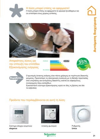 21
Αυτόματηδιαχείριση
Προϊόντα που περιλαμβάνονται σε αυτή τη λύση:
επίπεδο Α
Ο φωτισμός έκτακτης ανάγκης είναι πάντα χρήσιμος σε περίπτωση διακοπής
ρεύματος. Προστατέψτε τις ηλεκτρονικές συσκευές με τη διάταξη προστασίας
από υπερτάσεις και αυτόματους διακόπτες ενάντια σε εσφαλμένους
συναγερμούς λόγω καταιγίδων.
Εγκαταστήστε σύστημα εξοικονόμησης νερού σε όλες τις βρύσες και όλα
τα καζανάκια.
Απαραίτητες λύσεις για
την επίτευξη του επιπέδου
Εξοικονόμησης ενέργειας
Αποδοτικό
Μη αποδοτικό
35%
έως και
εξοικονόμηση ενέργειας
Σύστημα ελέγχου κουρτινών
elegance
έντασης φωτισμού Ρυθμιστής
Unica
Η λύση μπορεί επίσης να εφαρμοστεί:
Η λύση μπορεί επίσης να εφαρμοστεί σε φουαγιέ ξενοδοχείων και
σε εστιατόρια στους χώρους εστίασης.
Θυμηθείτε...
 