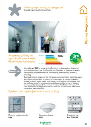 23
Έξυπνηδιαχείριση
Προϊόντα που περιλαμβάνονται σε αυτή τη λύση:
επίπεδο Α
Με το σύστημα KNX, θα έχετε επίσης τη δυνατότητα να δημιουργήσετε διαφορετικά
σενάρια φωτισμού εντός του ίδιου δωματίου, στη βιβλιοθήκη, σε γραφεία ή σε δωμάτια.
Μπορεί επίσης να χρησιμοποιηθεί για την ένδειξη της παρουσίας σας, για λόγους
ασφαλείας.
Ο φωτισμός έκτακτης ανάγκης θα είναι πάντα χρήσιμος σε περιπτώσεις διακοπής ρεύματος.
Μπορείτε να προστατεύσετε το σπίτι σας με συναγερμούς, να εντοπίσετε, εγκαίρως,
διαρροές νερού και αερίου, καθώς και πυρκαγιές, και να λαμβάνετε ειδοποιήσεις SMS
στο κινητό σας τηλέφωνο. Προστατέψτε τις ηλεκτρονικές σας συσκευές με διατάξεις
προστασίας από υπερτάσεις και αυτόματους διακόπτες για περιπτώσεις εσφαλμένων
συναγερμών λόγω καταιγίδων.
Απαραίτητες λύσεις για
την επίτευξη του επιπέδου
Εξοικονόμησης ενέργειας
Αποδοτικό
Μη αποδοτικό
35%
έως και
εξοικονόμηση ενέργειας
Μπουτόν πολυλειτουργιών
KNX
Ανιχνευτής κίνησης
KNX
Ενεργοποιητής
Fan Coil KNX
Η λύση μπορεί επίσης να εφαρμοστεί:
Σε μικρά κτίρια, ξενοδοχεία, σχολεία...
Θυμηθείτε...
 