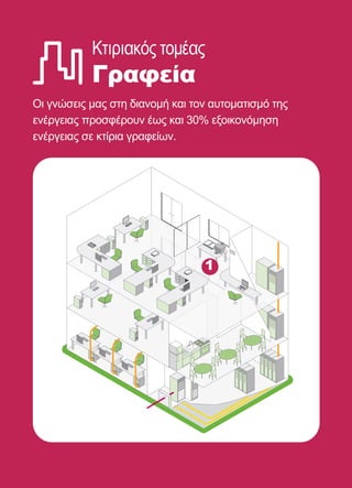 24
Κτιριακός τομέας
Γραφεία
1
Οι γνώσεις μας στη διανομή και τον αυτοματισμό της
ενέργειας προσφέρουν έως και 30% εξοικονόμηση
ενέργειας σε κτίρια γραφείων.
 