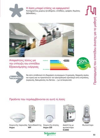 53
Προσαρμογήτουεπιπέδουάνεσηςγιατομαθητή
Η λύση μπορεί επίσης να εφαρμοστεί:
Κοινόχρηστους χώρους ξενοδοχείου, αποθήκες, γραφεία, δημόσιες
βιβλιοθήκες...
Να είστε αποδοτικοί στη διαχείριση συναγερμών (πυρκαγιάς, διαρροής αερίου
και νερού) και να προστατεύετε τον ηλεκτρολογικό εξοπλισμό από υπερτάσεις
(κεραυνός, διακυμάνσεις του δικτύου ...) με αντικεραυνικά.
επίπεδο AΑπαραίτητες λύσεις για
την επίτευξη του επιπέδου
Εξοικονόμησης ενέργειας
Αποδοτικό
Μη αποδοτικό
έως και
εξοικονόμηση ενέργειας
20%
Προϊόντα που περιλαμβάνονται σε αυτή τη λύση:
Διακόπτης με
φωτοκύτταρο
IC2000
ΦωτοκύτταροΑνιχνευτής κίνησης
Argus 220
Χρονοδιακόπτης
IHP
Ανιχνευτής παρουσίας
Argus
Θυμηθείτε...
 