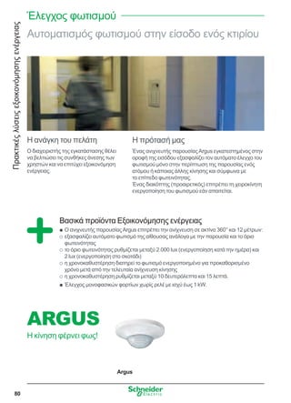 Πρακτικέςλύσειςεξοικονόμησηςενέργειας
80
Argus
ARGUS
Η κίνηση φέρνει φως!
Αυτοματισμός φωτισμού στην είσοδο ενός κτιρίου
Η ανάγκη του πελάτη
Ο διαχειριστής της εγκατάστασης θέλει
να βελτιώσει τις συνθήκες άνεσης των
χρηστών και να επιτύχει εξοικονόμηση
ενέργειας.
Η πρότασή μας
Ένας ανιχνευτής παρουσίαςArgus εγκατεστημένος στην
οροφή της εισόδου εξασφαλίζει τον αυτόματο έλεγχο του
φωτισμού μόνο στην περίπτωση της παρουσίας ενός
ατόμου ή κάποιας άλλης κίνησης και σύμφωνα με
το επίπεδο φωτεινότητας.
Ένας διακόπτης (προαιρετικός) επιτρέπει τη χειροκίνητη
ενεργοποίηση του φωτισμού εάν απαιτείται.
Βασικά προϊόντα Εξοικονόμησης ενέργειας
Ο ανιχνευτής παρουσίαςArgus επιτρέπει την ανίχνευση σε ακτίνα 360° και 12 μέτρων:QQ
εξασφαλίζει αυτόματο φωτισμό της αίθουσας ανάλογα με την παρουσία και το όριοOO
φωτεινότητας
το όριο φωτεινότητας ρυθμίζεται μεταξύ 2.000 lux (ενεργοποίηση κατά την ημέρα) καιOO
2 lux (ενεργοποίηση στο σκοτάδι)
η χρονοκαθυστέρηση διατηρεί το φωτισμό ενεργοποιημένο για προκαθορισμένοOO
χρόνο μετά από την τελευταία ανίχνευση κίνησης
η χρονοκαθυστέρηση ρυθμίζεται μεταξύ 10 δευτερόλεπτα και 15 λεπτά.OO
Έλεγχος μονοφασικών φορτίων χωρίς ρελέ με ισχύ έως 1 kW.QQ
Έλεγχος φωτισμού
 