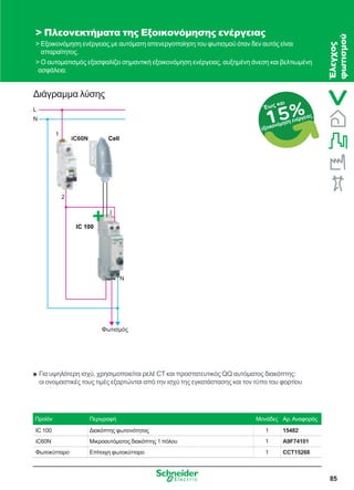 85
15%Έως και
εξοικονόμηση ενέργειας
IC 100
Cell
L
N
1
2
iC60N
I
N
Φωτισμός
Για υψηλότερη ισχύ, χρησιμοποιείται ρελέ CT και προστατευτικός QQ αυτόματος διακόπτης:QQ
οι ονομαστικές τους τιμές εξαρτώνται από την ισχύ της εγκατάστασης και τον τύπο του φορτίου
Διάγραμμα λύσης
 Πλεονεκτήματα της Εξοικονόμησης ενέργειας
 Εξοικονόμηση ενέργειας με αυτόματη απενεργοποίηση του φωτισμού όταν δεν αυτός είναι
απαραίτητος.
 Ο αυτοματισμός εξασφαλίζει σημαντική εξοικονόμηση ενέργειας, αυξημένη άνεση και βελτιωμένη
ασφάλεια.
Προϊόν Περιγραφή Μονάδες Αρ.Αναφοράς
IC 100 Διακόπτης φωτεινότητας 1 15482
iC60N Μικροαυτόματος διακόπτης 1 πόλου 1 Α9F74101
Φωτοκύτταρο Επίτοιχη φωτοκύτταρο 1 CCT15268
Έλεγχος
φωτισμού
 