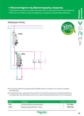 93
30%Έως και
εξοικονόμηση ενέργειας
Ο αυτόματος διακόπτης κλιμακοστασίου MINp απαιτεί τη σύνδεση των μπουτόν στη φάσηQQ
εγκατάστασης
Για υψηλότερη ισχύ, χρησιμοποιείται ρελέ iCT και προστατευτικός μικρο αυτόματος διακόπτης:QQ
οι ονομαστικές τους τιμές εξαρτώνται από την ισχύ της εγκατάστασης και τον τύπο του φορτίου
Διάγραμμα λύσης
 Πλεονεκτήματα της Εξοικονόμησης ενέργειας
 Εξοικονόμηση ενέργειας με αυτόματη απενεργοποίηση του φωτισμού όταν δεν είναι απαραίτητος.
 Βελτίωση των συνθηκών άνεσης και ασφάλειας με τη χρήση της προειδοποίησης διακοπής.
Προϊόν Περιγραφή Μονάδες Αρ.Αναφοράς
MINp Αυτόματος διακόπτης κλιμακοστασίου 1 CCT15233
iC60N Μικροαυτόματος διακόπτης 1 πόλου 1 Α9F74120
iC60N
L
N
MINp
1
2
4
L
N
3
Φωτισ όσ Έλεγχος
φωτισμού
 