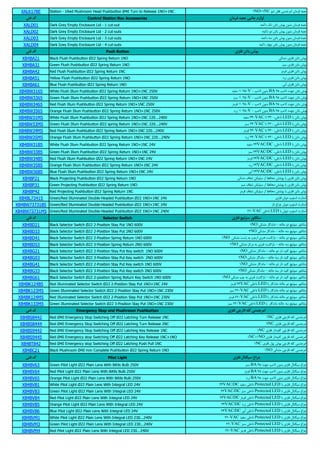 XALK178E Station - 1Red Mushroom Head Pushbutton Ø40 Turn to Release 1NO+1NC 1NO+1NC $ ) "W & 5 % 1 3h&
Control Station Box Accessories $ @ !" #
XALD01 Dark Grey Empty Enclosure Lid - 1 cut-out ,- B 6 j % 6 % 1 3h&
XALD02 Dark Grey Empty Enclosure Lid - 2 cut-outs ,- B 6 j % 6 % 1 3h&
XALD03 Dark Grey Empty Enclosure Lid - 3 cut-outs ,- B 6 j % 6 % 1 3h&
XALD04 Dark Grey Empty Enclosure Lid - 4 cut-outs ,- ! B 6 j % 6 % 1 3h&
Push Button A B % C
XB4BA21 Black Flush Pushbutton Ø22 Spring Return 1NO "+E a/1 B 6 j
XB4BA31 Green Flush Pushbutton Ø22 Spring Return 1NO a3 a/1 B 6 j
XB4BA42 Red Flush Pushbutton Ø22 Spring Return 1NC a a/1 B 6 j
XB4BA51 Yellow Flush Pushbutton Ø22 Spring Return 1NO X a/1 B 6 j
XB4BA61 Blue Flush Pushbutton Ø22 Spring Return 1NO "6 a/1 B 6 j
XB4BW3165 White Flush Illum Pushbutton Ø22 Spring Return 1NO+1NC 250V ) < 250V - ? I % 6 BA 9s ? I ' & B 6 j
XB4BW3365 Green Flush Illum Pushbutton Ø22 Spring Return 1NO+1NC 250V a3 < 250V - ? I % 6 BA 9s ? I ' & B 6 j
XB4BW3465 Red Flush Illum Pushbutton Ø22 Spring Return 1NO+1NC 250V a < 250V - ? I % 6 BA 9s ? I ' & B 6 j
XB4BW3565 Orange Flush Illum Pushbutton Ø22 Spring Return 1NO+1NC 250V X < 250V - ? I % 6 BA 9s ? I ' & B 6 j
XB4BW31M5 White Flush Illum Pushbutton Ø22 Spring Return 1NO+1NC 220...240V ) 240VAC 230 Z"/Q5 LED 6 B 6 j
XB4BW33M5 Green Flush Illum Pushbutton Ø22 spring Return 1NO+1NC 220...240V a3 240VAC 230 Z"/Q5 LED 6 B 6 j
XB4BW34M5 Red Flush Illum Pushbutton Ø22 Spring Return 1NO+1NC 220...240V a 240VAC 230 Z"/Q5 LED 6 B 6 j
XB4BW35M5 Orange Flush Illum Pushbutton Ø22 Spring Return 1NO+1NC 220...240V X 240VAC 230 Z"/Q5 LED 6 B 6 j
XB4BW31B5 White Flush Illum Pushbutton Ø22 Spring Return 1NO+1NC 24V ) 24VAC/DC Z"/Q5 LED 6 B 6 j
XB4BW33B5 Green Flush Illum Pushbutton Ø22 Spring Return 1NO+1NC 24V a3 24VAC/DC Z"/Q5 LED 6 B 6 j
XB4BW34B5 Red Flush Illum Pushbutton Ø22 Spring Return 1NO+1NC 24V a 24VAC/DC Z"/Q5 LED 6 B 6 j
XB4BW35B5 Orange Flush Illum Pushbutton Ø22 Spring Return 1NO+1NC 24V X 24VAC/DC Z"/Q5 LED 6 B 6 j
XB4BW36B5 Blue Flush Illum Pushbutton Ø22 Spring Return 1NO+1NC 24V "6 24VAC/DC Z"/Q5 LED 6 B 6 j
XB4BP21 Black Projecting Pushbutton Ø22 Spring Return 1NO "+E l )$ B+ / X5 01 2 g$ 6 a/1 B 6 j
XB4BP31 Green Projecting Pushbutton Ø22 Spring Return 1NO a3 l )$ B+ / X5 01 2 g$ 6 a/1 B 6 j
XB4BP42 Red Projecting Pushbutton Ø22 Spring Return 1NC a l )$ B+ / X5 01 2 g$ 6 a/1 B 6 j
XB4BL73415 Green/Red Illuminated Double-Headed Pushbutton Ø22 1NO+1NC 24V a/1 6 m . 5 . 5
XB4BW73731B5 Green/Red Illuminated Double-Headed Pushbutton Ø22 1NO+1NC 24V 5 k5 ! 6 m . 5 . 5
XB4BW73731M5 Green/Red Illuminated Double-Headed Pushbutton Ø22 1NO+1NC 240V 220VAC "/Q5 LED 6 6 m . 5 . 5
Selector Switch A D E 6'
XB4BD21 Black Selector Switch Ø22 2-Position Stay Put 1NO 600V 1NO "+E G A - .8 * L M .+/
XB4BD33 Black Selector Switch Ø22 2-Position Stay Put 2NO 600V 2NO "+E G A - .8 * L M .+/
XB4BD41 Black Selector Switch Ø22 2-Position Spring Return 1NO 600V 1NO "+E ' 5 6 ?!X5 1 'EGX 6 - .8 * L M .+/
XB4BD53 Black Selector Switch Ø22 3-Position Spring Return 2NO 600V 2NO "+E a- 6 1 'EGX 6 - .8 * L M .+/
XB4BG21 Black Selector Switch Ø22 2-Position Stay Put Key switch 1NO 600V 1NO "+E G A - .8 * 5 /- L M .+/
XB4BG03 Black Selector Switch Ø22 3-Position Stay Put Key switch 2NO 600V 2NO "+E G A - .8 * 5 /- L M .+/
XB4BG41 Black Selector Switch Ø22 2-Position Stay Put Key switch 1NO 600V 1NO "+E G A - .8 * 5 /- L M .+/
XB4BG33 Black Selector Switch Ø22 3-Position Stay Put Key switch 2NO 600V 2NO "+E G A - .8 * 5 /- L M .+/
XB4BG61 Black Selector Switch Ø22 2-position Spring Return Key Switch 1NO 600V 1NO "+E ?! 6 1 'EGX 6 - .8 * 5 /- L M .+/
XB4BK124B5 Red Illuminated Selector Switch Ø22 2-Position Stay Put 1NO+1NC 24V a 24VAC "/Q5 LED 6 G A .8 * L M .+/
XB4BK123M5 Green Illuminated Selector Switch Ø22 2-Position Stay Put 1NO+1NC 230V a3 220VAC "/Q5 LED 6 G A .8 * L M .+/
XB4BK124M5 Red Illuminated Selector Switch Ø22 2-Position Stay Put 1NO+1NC 230V a 220VAC "/Q5 LED 6 G A .8 * L M .+/
XB4BK133M5 Green Illuminated Selector Switch Ø22 3-Position Stay Put 1NO+1NC 230V a3 220VAC "/Q5 LED 6 G A .8 * L M .+/
Emergency Stop and Mushroom Pushbutton A , F $ "
XB4BS8442 Red Ø40 Emergency Stop Switching Off Ø22 Latching Turn Release 1NC 1NC a/1 "! /- "W & 5
XB4BS8444 Red Ø40 Emergency Stop Switching Off Ø22 Latching Turn Release 2NC 2NC a/1 "! /- "W & 5
XB4BS9442 Red Ø40 Emergency Stop Switching Off Ø22 Latching Key Release 1NC 1NC a/1 5 /- "! /- "W & 5
XB4BS9445 Red Ø40 Emergency stop Switching Off Ø22 Latching Key Release 1NC+1NO 1NC+1NO a/1 5 /- "! /- "W & 5
XB4BT842 Red Ø40 Emergency stop Switching Off Ø22 Latching Push Pull 1NC 1NC a/1 J j "! /- "W & 5
XB4BC21 Black Mushroom Ø40 mm Complete Pushbutton Ø22 Spring Return 1NO 1NO "+E "! /- "W & 5
Pilot Light A 8 G H"$
XB4BV63 Green Pilot Light Ø22 Plain Lens With BA9s Bulb 250V a3 BA 9s ' & ? I % 6 a/1 J U k5 !
XB4BV64 Red Pilot Light Ø22 Plain Lens With BA9s Bulb 250V a BA 9s ' & ? I % 6 a/1 J U k5 !
XB4BV65 Orange Pilot Light Ø22 Plain Lens With BA9s Bulb 250V X BA 9s ' & ? I % 6 a/1 J U k5 !
XB4BVB1 White Pilot Light Ø22 Plain Lens With Integral LED 24V 24VAC/DC ) "/Q5 Protected LED 6 a/1 J U k5 !
XB4BVB3 Green Pilot Light Ø22 Plain Lens With Integral LED 24V 24VAC/DC a3 "/Q5 Protected LED 6 a/1 J U k5 !
XB4BVB4 Red Pilot Light Ø22 Plain Lens With Integral LED 24V 24VAC/DC a "/Q5 Protected LED 6 a/1 J U k5 !
XB4BVB5 Orange Pilot Light Ø22 Plain Lens With Integral LED 24V 24VAC/DC X "/Q5 Protected LED 6 a/1 J U k5 !
XB4BVB6 Blue Pilot Light Ø22 Plain Lens With Integral LED 24V 24VAC/DC "6 "/Q5 Protected LED 6 a/1 J U k5 !
XB4BVM1 White Pilot Light Ø22 Plain Lens With Integral LED 230...240V 220VAC ) "/Q5 Protected LED 6 a/1 J U k5 !
XB4BVM3 Green Pilot Light Ø22 Plain Lens With Integral LED 230...240V 220VAC a3 "/Q5 Protected LED 6 a/1 J U k5 !
XB4BVM4 Red Pilot Light Ø22 Plain Lens With Integral LED 230...240V 220VAC a "/Q5 Protected LED 6 a/1 J U k5 !
 