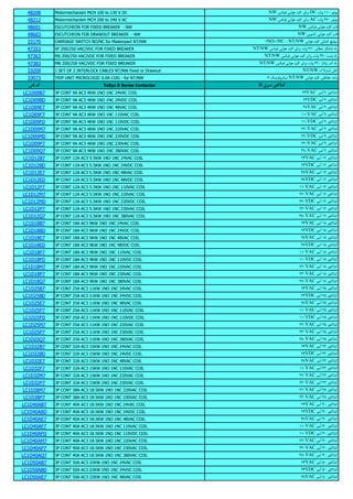 48208 Motormechanism MCH 100 to 130 V DC NW R+ 1 "#5 > /- 5 6 DC '8 110
48212 Motormechanism MCH 200 to 240 V AC NW R+ 1 "#5 > /- 5 6 AC '8 220
48601 ESCUTCHEON FOR FIXED BREAKER - NW NW R+ 1 "#5 > /- S
48603 ESCUTCHEON FOR DRAWOUT BREAKER - NW NW "# E- "#5 > /- S
33170 CARRIAGE SWITCH NO/NC for Masterpact NT/NW 1NO+1NC - NT/NW "#5 > /- "+,- L M
47353 XF 200/250 VAC/VDC FOR FIXED BREAKER NT/NW R+ 1 "#5 > /- 5 6 '8 220 Q UA EA 8
47363 MX 200/250 VAC/VDC FOR FIXED BREAKER NT/NW R+ 1 "#5 > /- 5 6 '8 220 ' $ 8
47383 MN 200/250 VAC/VDC FOR FIXED BREAKER NT/NW R+ 1 "#5 > /- 5 6 '8 220 @ .8 A 8
33209 1 SET OF 2 INTERLOCK CABLES NT/NW Fixed or Drawout NT/NW HI . #5 6 -
33073 TRIP UNIT MICROLOGIC 6.0A LSIG - for NT/NW 6 & 8 + NT/NW "#5 > /- ".( )* *5
TeSys D Series Contactor D $ 6 6
LC1D09B7 3P CONT 9A AC3 4KW 1NO 1NC 24VAC COIL 24VAC 9 .- . -
LC1D09BD 3P CONT 9A AC3 4KW 1NO 1NC 24VDC COIL 24VDC 9 .- . -
LC1D09E7 3P CONT 9A AC3 4KW 1NO 1NC 48VAC COIL 48VAC 9 .- . -
LC1D09F7 3P CONT 9A AC3 4KW 1NO 1NC 110VAC COIL 110VAC 9 .- . -
LC1D09FD 3P CONT 9A AC3 4KW 1NO 1NC 110VDC COIL 110VDC 9 .- . -
LC1D09M7 3P CONT 9A AC3 4KW 1NO 1NC 220VAC COIL 220VAC 9 .- . -
LC1D09MD 3P CONT 9A AC3 4KW 1NO 1NC 220VDC COIL 220VDC 9 .- . -
LC1D09P7 3P CONT 9A AC3 4KW 1NO 1NC 230VAC COIL 230VAC 9 .- . -
LC1D09Q7 3P CONT 9A AC3 4KW 1NO 1NC 380VAC COIL 380VAC 9 .- . -
LC1D12B7 3P CONT 12A AC3 5.5KW 1NO 1NC 24VAC COIL 24VAC 12 .- . -
LC1D12BD 3P CONT 12A AC3 5.5KW 1NO 1NC 24VDC COIL 24VDC 12 .- . -
LC1D12E7 3P CONT 12A AC3 5.5KW 1NO 1NC 48VAC COIL 48VAC 12 .- . -
LC1D12ED 3P CONT 12A AC3 5.5KW 1NO 1NC 48VDC COIL 48VDC 12 .- . -
LC1D12F7 3P CONT 12A AC3 5.5KW 1NO 1NC 110VAC COIL 110VAC 12 .- . -
LC1D12M7 3P CONT 12A AC3 5.5KW 1NO 1NC 220VAC COIL 220VAC 12 .- . -
LC1D12MD 3P CONT 12A AC3 5.5KW 1NO 1NC 220VDC COIL 220VDC 12 .- . -
LC1D12P7 3P CONT 12A AC3 5.5KW 1NO 1NC 230VAC COIL 230VAC 12 .- . -
LC1D12Q7 3P CONT 12A AC3 5.5KW 1NO 1NC 380VAC COIL 380VAC 12 .- . -
LC1D18B7 3P CONT 18A AC3 9KW 1NO 1NC 24VAC COIL 24VAC 18 .- . -
LC1D18BD 3P CONT 18A AC3 9KW 1NO 1NC 24VDC COIL 24VDC 18 .- . -
LC1D18E7 3P CONT 18A AC3 9KW 1NO 1NC 48VAC COIL 48VAC 18 .- . -
LC1D18ED 3P CONT 18A AC3 9KW 1NO 1NC 48VDC COIL 48VDC 18 .- . -
LC1D18F7 3P CONT 18A AC3 9KW 1NO 1NC 110VAC COIL 110VAC 18 .- . -
LC1D18FD 3P CONT 18A AC3 9KW 1NO 1NC 110VDC COIL 110VDC 18 .- . -
LC1D18M7 3P CONT 18A AC3 9KW 1NO 1NC 220VAC COIL 220VAC 18 .- . -
LC1D18P7 3P CONT 18A AC3 9KW 1NO 1NC 230VAC COIL 230VAC 18 .- . -
LC1D18Q7 3P CONT 18A AC3 9KW 1NO 1NC 380VAC COIL 380VAC 18 .- . -
LC1D25B7 3P CONT 25A AC3 11KW 1NO 1NC 24VAC COIL 24VAC 25 .- . -
LC1D25BD 3P CONT 25A AC3 11KW 1NO 1NC 24VDC COIL 24VDC 25 .- . -
LC1D25E7 3P CONT 25A AC3 11KW 1NO 1NC 48VAC COIL 48VAC 25 .- . -
LC1D25F7 3P CONT 25A AC3 11KW 1NO 1NC 110VAC COIL 110VAC 25 .- . -
LC1D25FD 3P CONT 25A AC3 11KW 1NO 1NC 110VDC COIL 110VDC 25 .- . -
LC1D25M7 3P CONT 25A AC3 11KW 1NO 1NC 220VAC COIL 220VAC 25 .- . -
LC1D25P7 3P CONT 25A AC3 11KW 1NO 1NC 230VAC COIL 230VAC 25 .- . -
LC1D25Q7 3P CONT 25A AC3 11KW 1NO 1NC 380VAC COIL 380VAC 25 .- . -
LC1D32B7 3P CONT 32A AC3 15KW 1NO 1NC 24VAC COIL 24VAC 32 .- . -
LC1D32BD 3P CONT 32A AC3 15KW 1NO 1NC 24VDC COIL 24VDC 32 .- . -
LC1D32E7 3P CONT 32A AC3 15KW 1NO 1NC 48VAC COIL 48VAC 32 .- . -
LC1D32F7 3P CONT 32A AC3 15KW 1NO 1NC 110VAC COIL 110VAC 32 .- . -
LC1D32M7 3P CONT 32A AC3 15KW 1NO 1NC 220VAC COIL 220VAC 32 .- . -
LC1D32P7 3P CONT 32A AC3 15KW 1NO 1NC 230VAC COIL 230VAC 32 .- . -
LC1D38M7 3P CONT 38A AC3 18.5KW 1NO 1NC 220VAC COIL 220VAC 38 .- . -
LC1D38P7 3P CONT 38A AC3 18.5KW 1NO 1NC 230VAC COIL 230VAC 38 .- . -
LC1D40AB7 3P CONT 40A AC3 18.5KW 1NO 1NC 24VAC COIL 24VAC 40 .- . -
LC1D40ABD 3P CONT 40A AC3 18.5KW 1NO 1NC 24VDC COIL 24VDC 40 .- . -
LC1D40AE7 3P CONT 40A AC3 18.5KW 1NO 1NC 48VAC COIL 48VAC 40 .- . -
LC1D40AF7 3P CONT 40A AC3 18.5KW 1NO 1NC 110VAC COIL 110VAC 40 .- . -
LC1D40AFD 3P CONT 40A AC3 18.5KW 1NO 1NC 110VDC COIL 110VDC 40 .- . -
LC1D40AM7 3P CONT 40A AC3 18.5KW 1NO 1NC 220VAC COIL 220VAC 40 .- . -
LC1D40AP7 3P CONT 40A AC3 18.5KW 1NO 1NC 230VAC COIL 230VAC 40 .- . -
LC1D40AQ7 3P CONT 40A AC3 18.5KW 1NO 1NC 380VAC COIL 380VAC 40 .- . -
LC1D50AB7 3P CONT 50A AC3 22KW 1NO 1NC 24VAC COIL 24VAC 50 .- . -
LC1D50ABD 3P CONT 50A AC3 22KW 1NO 1NC 24VDC COIL 24VDC 50 .- . -
LC1D50AE7 3P CONT 50A AC3 22KW 1NO 1NC 48VAC COIL 48VAC 50 .- . -
 