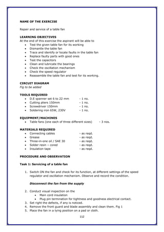 112
NAME OF THE EXERCISE
Repair and service of a table fan
LEARNING OBJECTIVES
At the end of this exercise the aspirant will be able to
 Test the given table fan for its working
 Dismantle the table fan
 Trace and identify or locate faults in the table fan
 Replace faulty parts with good ones
 Test the capacitors
 Clean and lubricate the bearings
 Check the oscillation mechanism
 Check the speed regulator
 Reassemble the table fan and test for its working.
CIRCUIT DIAGRAM
Fig to be added
TOOLS REQUIRED
 D.E spanner set 6 to 22 mm - 1 no.
 Cutting pliers 150mm - 1 no.
 Screwdriver 150mm - 1 no.
 Soldering iron 65W, 230V - 1 no.
EQUIPMENT/MACHINES
 Table fans (one each of three different sizes) - 3 nos.
MATERIALS REQUIRED
 Connecting cables - as reqd.
 Grease - as reqd.
 Three-in-one oil / SAE 30 - as reqd.
 Solder resin – cored - as reqd.
 Insulation tape - as reqd.
PROCEDURE AND OBSERVATION
Task 1: Servicing of a table fan
1. Switch ON the fan and check for its function, at different settings of the speed
regulator and oscillation mechanism. Observe and record the condition.
Disconnect the fan from the supply
2. Conduct visual inspection on the
 Main cord insulation
 Plug pin termination for tightness and goodness electrical contact.
3. Set right the defects, if any is noticed.
4. Remove the front guard and blade assembly and clean them. Fig 1
5. Place the fan in a lying position on a pad or cloth.
 