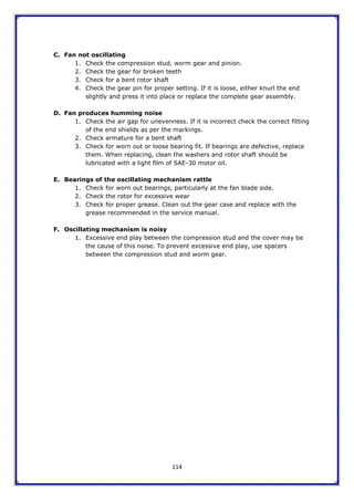 114
C. Fan not oscillating
1. Check the compression stud, worm gear and pinion.
2. Check the gear for broken teeth
3. Check for a bent rotor shaft
4. Check the gear pin for proper setting. If it is loose, either knurl the end
slightly and press it into place or replace the complete gear assembly.
D. Fan produces humming noise
1. Check the air gap for unevenness. If it is incorrect check the correct fitting
of the end shields as per the markings.
2. Check armature for a bent shaft
3. Check for worn out or loose bearing fit. If bearings are defective, replace
them. When replacing, clean the washers and rotor shaft should be
lubricated with a light film of SAE-30 motor oil.
E. Bearings of the oscillating mechanism rattle
1. Check for worn out bearings, particularly at the fan blade side.
2. Check the rotor for excessive wear
3. Check for proper grease. Clean out the gear case and replace with the
grease recommended in the service manual.
F. Oscillating mechanism is noisy
1. Excessive end play between the compression stud and the cover may be
the cause of this noise. To prevent excessive end play, use spacers
between the compression stud and worm gear.
 