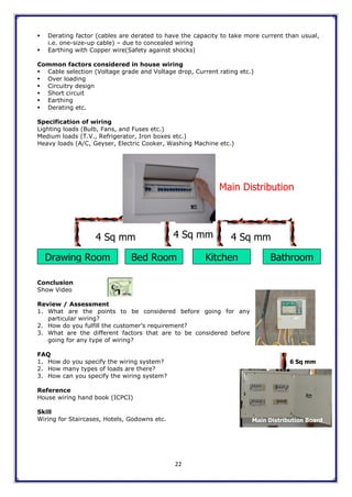 22
 Derating factor (cables are derated to have the capacity to take more current than usual,
i.e. one-size-up cable) – due to concealed wiring
 Earthing with Copper wire(Safety against shocks)
Common factors considered in house wiring
 Cable selection (Voltage grade and Voltage drop, Current rating etc.)
 Over loading
 Circuitry design
 Short circuit
 Earthing
 Derating etc.
Specification of wiring
Lighting loads (Bulb, Fans, and Fuses etc.)
Medium loads (T.V., Refrigerator, Iron boxes etc.)
Heavy loads (A/C, Geyser, Electric Cooker, Washing Machine etc.)
Conclusion
Show Video
Review / Assessment
1. What are the points to be considered before going for any
particular wiring?
2. How do you fulfill the customer‟s requirement?
3. What are the different factors that are to be considered before
going for any type of wiring?
FAQ
1. How do you specify the wiring system?
2. How many types of loads are there?
3. How can you specify the wiring system?
Reference
House wiring hand book (ICPCI)
Skill
Wiring for Staircases, Hotels, Godowns etc.
Drawing Room Bed Room Kitchen Bathroom
4 Sq mm
Main Distribution
Board
4 Sq mm 4 Sq mm
6 Sq mm
Main Distribution Board
Meter
 