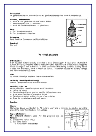 36
Conclusion
DC generators are not economical and AC generator are replaced them in present days.
Review / Assessment
1. What is a DC generator and how does it work?
2. Name the parts of a DC generator?
3. What are different types of a DC generator?
FAQ:
1. Function of commutator
2. Function of carbon brushes
Reference
Basic Electrical Engineering by Mittal & Mehta.
Practical
Site visit
AC MOTOR STARTERS
Introduction
If an induction motor is directly connected to the 3 phase supply, it would draw a full load of
current. However, since the motor is not running this heavy flow of current may damage the
motor windings as well as the line. In order to decrease the staring current a starting device
is used with the motor, which is known as starter. The starter reduces the starting voltage
and hence the starting current.
Aim
To impart knowledge and skills related to the starters.
Teaching Learning Methodology
Theory, Demonstration and Practical Session
Learning Objective
At the end of this class the aspirant would be able to:
a. Define the starter
b. Explain about different starters used for different purposes
c. Know about functions of protective device
d. Explain construction and functioning of each starter
e. Draw the circuit diagrams of each starter
Preview
Starter
Starter is a device used to start the AC motors, safely and to minimize the starting current to
protect the motor from load and high voltage.
Types of starters
The different starters used for the purpose are as
follows:
1. Direct online starter (DOL)
2. Star Delta starter
i. Manual semi delta starter
 