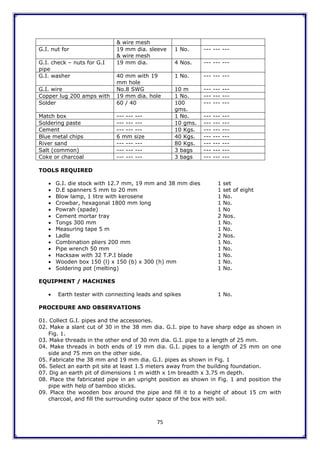 75
& wire mesh
G.I. nut for 19 mm dia. sleeve
& wire mesh
1 No. --- --- ---
G.I. check – nuts for G.I
pipe
19 mm dia. 4 Nos. --- --- ---
G.I. washer 40 mm with 19
mm hole
1 No. --- --- ---
G.I. wire No.8 SWG 10 m --- --- ---
Copper lug 200 amps with 19 mm dia. hole 1 No. --- --- ---
Solder 60 / 40 100
gms.
--- --- ---
Match box --- --- --- 1 No. --- --- ---
Soldering paste --- --- --- 10 gms. --- --- ---
Cement --- --- --- 10 Kgs. --- --- ---
Blue metal chips 6 mm size 40 Kgs. --- --- ---
River sand --- --- --- 80 Kgs. --- --- ---
Salt (common) --- --- --- 3 bags --- --- ---
Coke or charcoal --- --- --- 3 bags --- --- ---
TOOLS REQUIRED
 G.I. die stock with 12.7 mm, 19 mm and 38 mm dies 1 set
 D.E spanners 5 mm to 20 mm 1 set of eight
 Blow lamp, 1 litre with kerosene 1 No.
 Crowbar, hexagonal 1800 mm long 1 No.
 Powrah (spade) 1 No
 Cement mortar tray 2 Nos.
 Tongs 300 mm 1 No.
 Measuring tape 5 m 1 No.
 Ladle 2 Nos.
 Combination pliers 200 mm 1 No.
 Pipe wrench 50 mm 1 No.
 Hacksaw with 32 T.P.I blade 1 No.
 Wooden box 150 (l) x 150 (b) x 300 (h) mm 1 No.
 Soldering pot (melting) 1 No.
EQUIPMENT / MACHINES
 Earth tester with connecting leads and spikes 1 No.
PROCEDURE AND OBSERVATIONS
01. Collect G.I. pipes and the accessories.
02. Make a slant cut of 30 in the 38 mm dia. G.I. pipe to have sharp edge as shown in
Fig. 1.
03. Make threads in the other end of 30 mm dia. G.I. pipe to a length of 25 mm.
04. Make threads in both ends of 19 mm dia. G.I. pipes to a length of 25 mm on one
side and 75 mm on the other side.
05. Fabricate the 38 mm and 19 mm dia. G.I. pipes as shown in Fig. 1
06. Select an earth pit site at least 1.5 meters away from the building foundation.
07. Dig an earth pit of dimensions 1 m width x 1m breadth x 3.75 m depth.
08. Place the fabricated pipe in an upright position as shown in Fig. 1 and position the
pipe with help of bamboo sticks.
09. Place the wooden box around the pipe and fill it to a height of about 15 cm with
charcoal, and fill the surrounding outer space of the box with soil.
 
