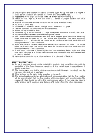 76
10. Lift and place the wooden box above the coke layer. Fill up with salt to a height of
about 15 cm and to an area of 150 x 150 mm area around the pipe.
11. Repeat the above steps 10 and 11 up to 2.5 meters as shown in Fig. 1
12. Place the G.I. Pipe 12.7 mm dia. with G.I. bends in proper position for E.C.C
connection.
13. Prepare the concrete mixture and build the structure as shown in Fig. 1.
14. Fix the G.I. cover also
15. Insert the G.I. wire No. 8 SWG through the 12.7 mm dia. G.I. pipe.
16. Use the ladle and the blowlamp and melt the solder.
17. Solder the lug in the G.I. wire.
18. Insert the lug in the 19 mm dia. G.I. pipe and tighten it with G.I. nut and check nut.
19. Pour three or four buckets of water through the funnel.
20. Test the earth electrode resistance with an earth megger. (The method of measuring
earth resistance is given in Ex. 306. Follow the procedure. The earth continuity
conductor (E.C.C.) should not be connected to the earth electrode resistance has
been given earlier. Check the value.
21. Enter the value of the earth electrode resistance in column 5 of Table 1. Fill up the
other particulars also. The acceptable value of the earth electrode resistance has
been given earlier. Check the value.
22. If the earth resistance is found higher than the acceptable value, make one more
pipe earth electrode at a distance of 8 meters from the earlier one and connect both
of them in parallel.
23. Measure the earth electrode value and enter it in column 6 of Table 1.
SAFETY PRECAUTIONS
01. An earth electrode should not be installed in proximity to a metal fence to avoid the
possibility of the fence becoming negative. If the metal fence is unavoidable. It
should be earthed.
02. The depth given here is the minimum recommended. However, the depth may be
increases till moist soil is reached.
03. Allow an hour for the water to be absorbed in the earth.
04. The second reading with two electrodes will be approximately half the first reading
will be approximately half the first reading which was taken with one electrode. The
measured value should be within the recommended value. If not, you may have to
go for another earth electrode at a distance of 8 meters from the other electrodes.
 