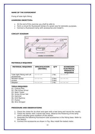 77
NAME OF THE EXPERIMENT
Fixing of tube light fitting
LEARNING OBJECTIVEs
 At the end of this exercise you shall be able to
 Form a circuit for fluorescent lamps of a given size for domestic purposes.
 Connect a fluorescent lamp with accessories and install it.
CIRCUIT DIAGRAM
MATERIALS REQUIRED
MATERIAL REQUIRED SPECIFICATION
(RATING)
QTY SCHNEIDER
ELECTRICAL
PRODUCTS
REQUIRED
Tube light fitting with all
accessories
--- --- --- 1 No. --- --- ---
Wooden Guttar
screws
--- --- --- 2 Nos.
2 Nos.
--- --- ---
Adopter --- --- --- 1 No. --- --- ---
TOOLS REQUIRED
01. Cutting Plier
02. Flat Screw Driver
03. Neon Tester
04. Screw Driver Set
05. Hammer
06. Drill Machine
07. Pocker
08. Wire Stripper
PROCEDURE AND OBSERVATIONS
1. Check the choke for its short and open with a test lamp and record the results.
2. Check the starter with a series test lamp. Observe the flickering of the lamp
which indicates good condition of the starter.
3. Assemble the following fluorescent tube accessories in the fitting base. Refer to
the Sketch.
4. Connect the accessories as shown in Fig. Also install the tested meter.
 