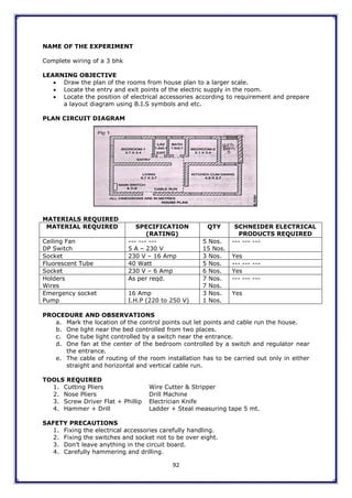 92
NAME OF THE EXPERIMENT
Complete wiring of a 3 bhk
LEARNING OBJECTIVE
 Draw the plan of the rooms from house plan to a larger scale.
 Locate the entry and exit points of the electric supply in the room.
 Locate the position of electrical accessories according to requirement and prepare
a layout diagram using B.I.S symbols and etc.
PLAN CIRCUIT DIAGRAM
MATERIALS REQUIRED
MATERIAL REQUIRED SPECIFICATION
(RATING)
QTY SCHNEIDER ELECTRICAL
PRODUCTS REQUIRED
Ceiling Fan
DP Switch
--- --- ---
5 A – 230 V
5 Nos.
15 Nos.
--- --- ---
Socket 230 V – 16 Amp 3 Nos. Yes
Fluorescent Tube 40 Watt 5 Nos. --- --- ---
Socket 230 V – 6 Amp 6 Nos. Yes
Holders
Wires
As per reqd. 7 Nos.
7 Nos.
--- --- ---
Emergency socket
Pump
16 Amp
I.H.P (220 to 250 V)
3 Nos.
1 Nos.
Yes
PROCEDURE AND OBSERVATIONS
a. Mark the location of the control points out let points and cable run the house.
b. One light near the bed controlled from two places.
c. One tube light controlled by a switch near the entrance.
d. One fan at the center of the bedroom controlled by a switch and regulator near
the entrance.
e. The cable of routing of the room installation has to be carried out only in either
straight and horizontal and vertical cable run.
TOOLS REQUIRED
1. Cutting Pliers Wire Cutter & Stripper
2. Nose Pliers Drill Machine
3. Screw Driver Flat + Phillip Electrician Knife
4. Hammer + Drill Ladder + Steal measuring tape 5 mt.
SAFETY PRECAUTIONS
1. Fixing the electrical accessories carefully handling.
2. Fixing the switches and socket not to be over eight.
3. Don‟t leave anything in the circuit board.
4. Carefully hammering and drilling.
 