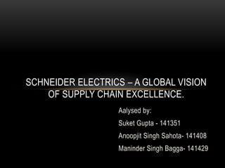 Aalysed by:
Suket Gupta - 141351
Anoopjit Singh Sahota- 141408
Maninder Singh Bagga- 141429
SCHNEIDER ELECTRICS – A GLOBAL VISION
OF SUPPLY CHAIN EXCELLENCE.
 