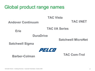 Schneider Electric – Buildings Business - Corporate Presentation, October 2009 37
Global product range names
Andover Continuum
TAC Vista
TAC I/NET
Erie
DuraDrive
TAC I/A Series
Satchwell Sigma
Satchwell MicroNet
Barber-Colman
TAC Com-Trol
 