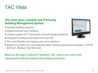 Schneider Electric – Buildings Business - Corporate Presentation, October 2009 39
● Industry-leading graphics
● State-of-the-art user interface
● Unique support of IT standards and web-based solutions
● Integrated building automation and security
● The most flexible and easy-to-use zone solutions
● Based on LONWORKS®
and supports other industry-leading technologies: TCP/IP,
BACnet®
, Modbus®
and Ethernet
The most open, scalable and IT-friendly
Building Management System
Based on the open LONWORKS®
standard, TAC Vista is one of the most
advanced and efficient solutions for building automation.
TAC Vista
 