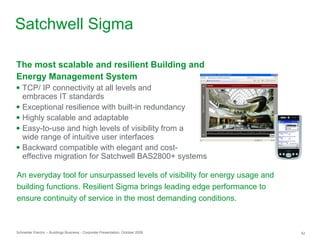 Schneider Electric – Buildings Business - Corporate Presentation, October 2009 42
● TCP/ IP connectivity at all levels and
embraces IT standards
● Exceptional resilience with built-in redundancy
● Highly scalable and adaptable
● Easy-to-use and high levels of visibility from a
wide range of intuitive user interfaces
● Backward compatible with elegant and cost-
effective migration for Satchwell BAS2800+ systems
The most scalable and resilient Building and
Energy Management System
An everyday tool for unsurpassed levels of visibility for energy usage and
building functions. Resilient Sigma brings leading edge performance to
ensure continuity of service in the most demanding conditions.
Satchwell Sigma
 