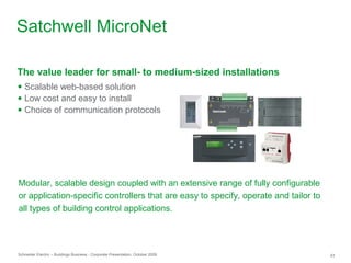 Schneider Electric – Buildings Business - Corporate Presentation, October 2009 43
● Scalable web-based solution
● Low cost and easy to install
● Choice of communication protocols
The value leader for small- to medium-sized installations
Modular, scalable design coupled with an extensive range of fully configurable
or application-specific controllers that are easy to specify, operate and tailor to
all types of building control applications.
Satchwell MicroNet
 