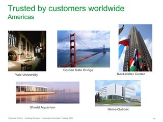 Schneider Electric – Buildings Business - Corporate Presentation, October 2009 46
Trusted by customers worldwide
Americas
Shedd Aquarium
Yale University
Héma-Québec
Golden Gate Bridge
Rockefeller Center
 