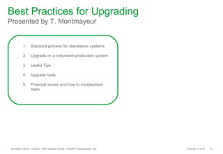 Best Practices for Upgrading
Presented by T. Montmayeur


           1.      Standard process for standalone systems

           2.      Upgrade on a redundant production system

           3.      Useful Tips

           4.      Upgrade tools

           5.      Potential issues and how to troubleshoot
                   them




Schneider Electric - Industry - O&O Software Activity - SCADA Troubleshooting Tips   Copyright © 2012   12
 